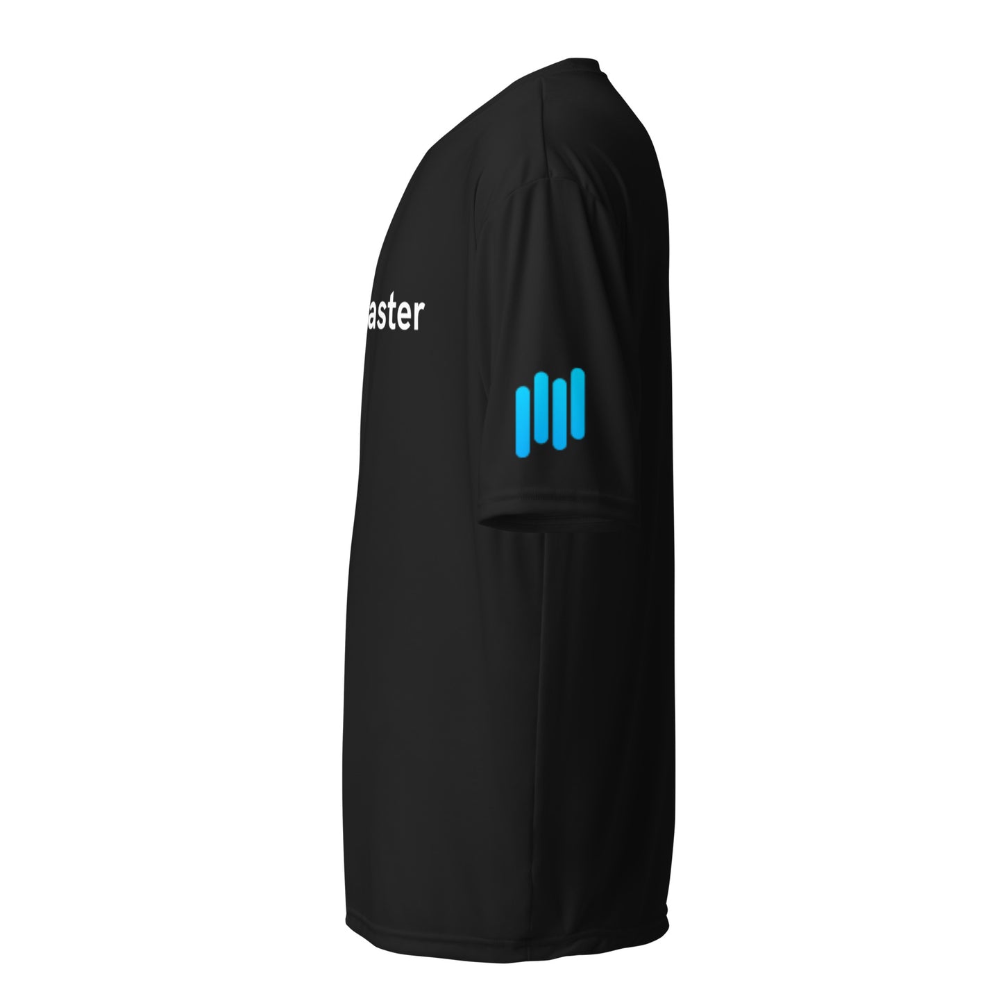 Right side view of black TradeCaster tee showing cyan sleeve bars and chest logo edge