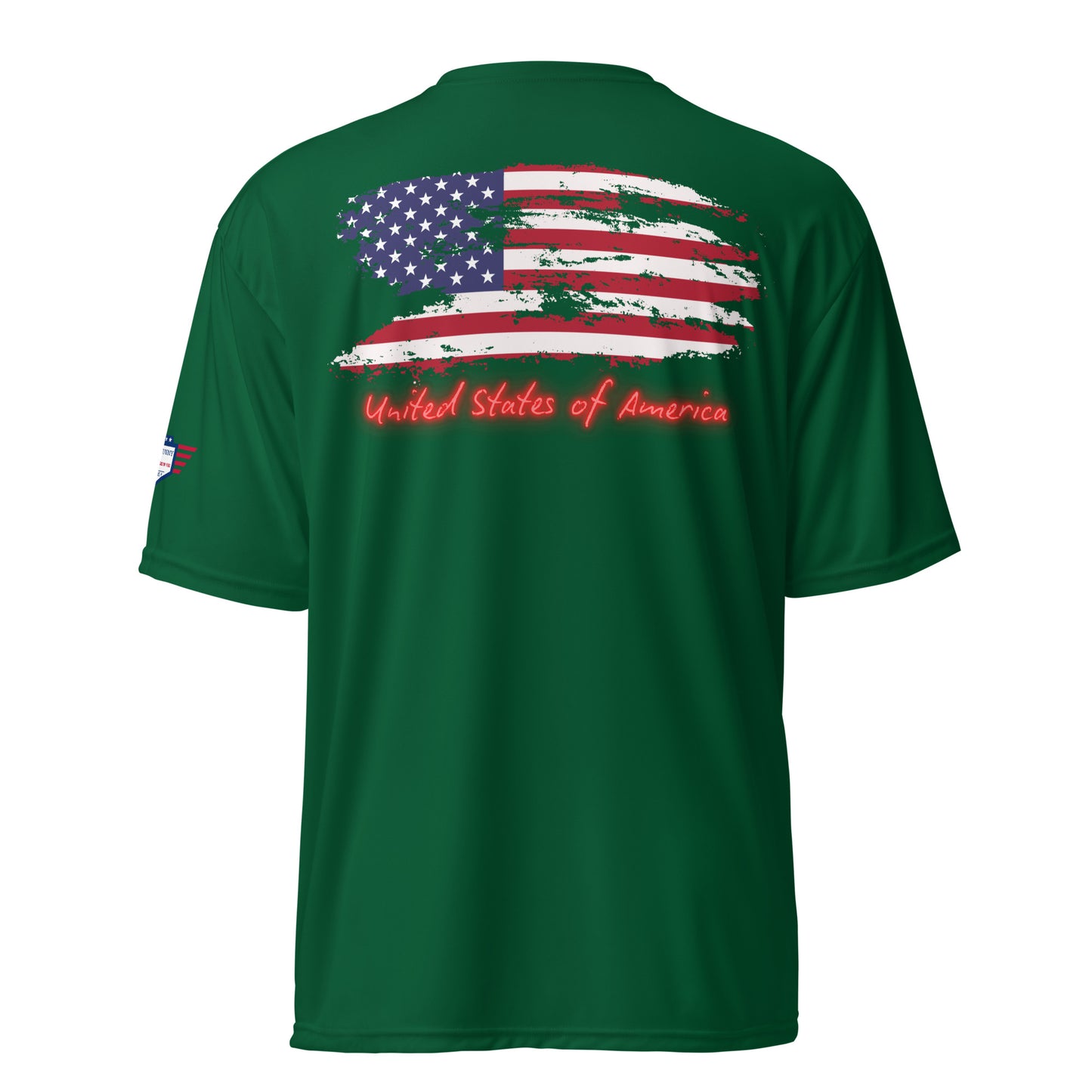 Forest green tee back: faded stars-and-stripes flag with red "United States of America" text