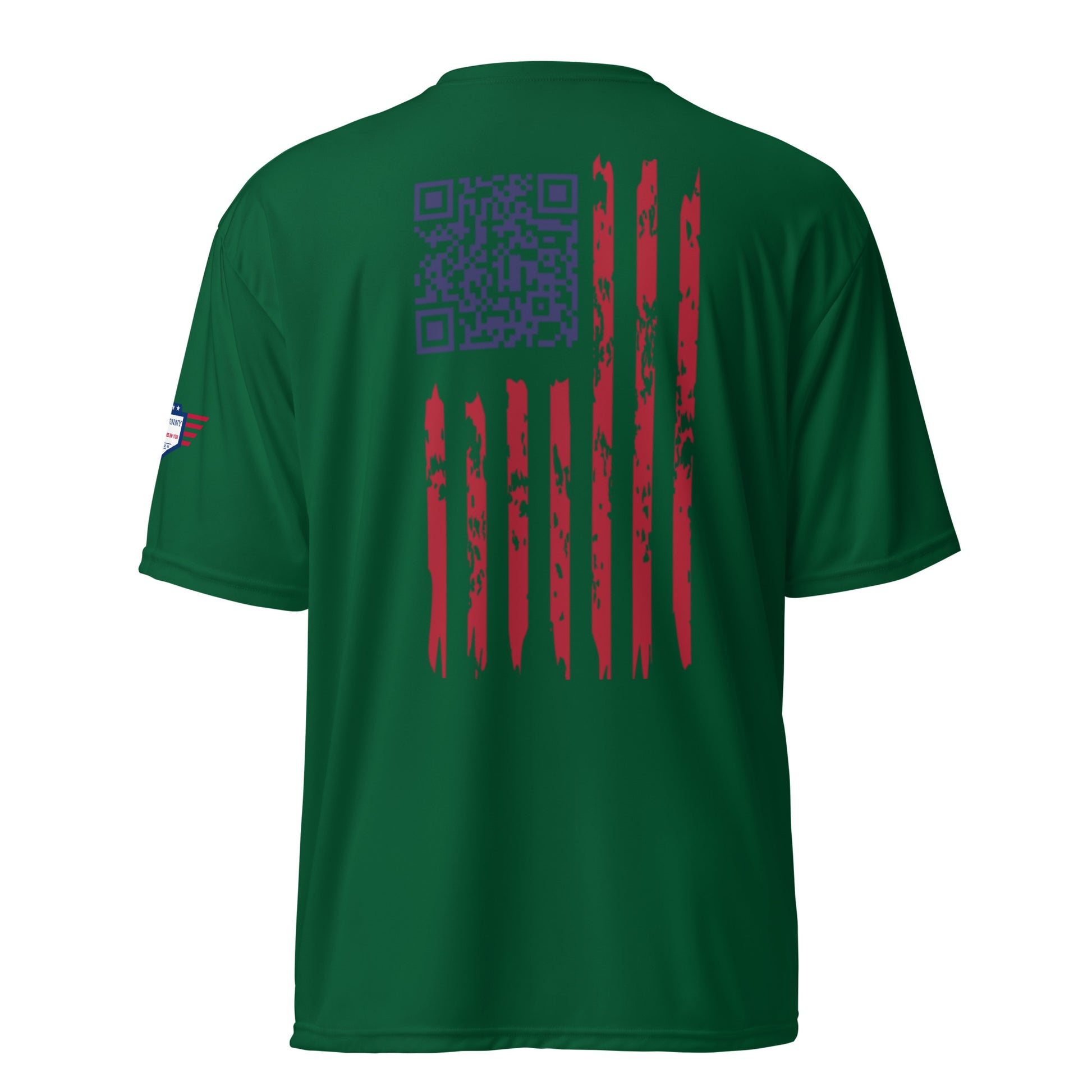 Back view of dark green performance tee with blue QR code atop distressed American flag print