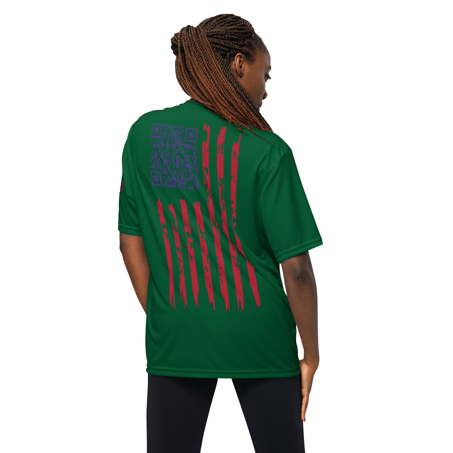 Woman’s forest green tee back: QR code in weathered flag design with red stripes