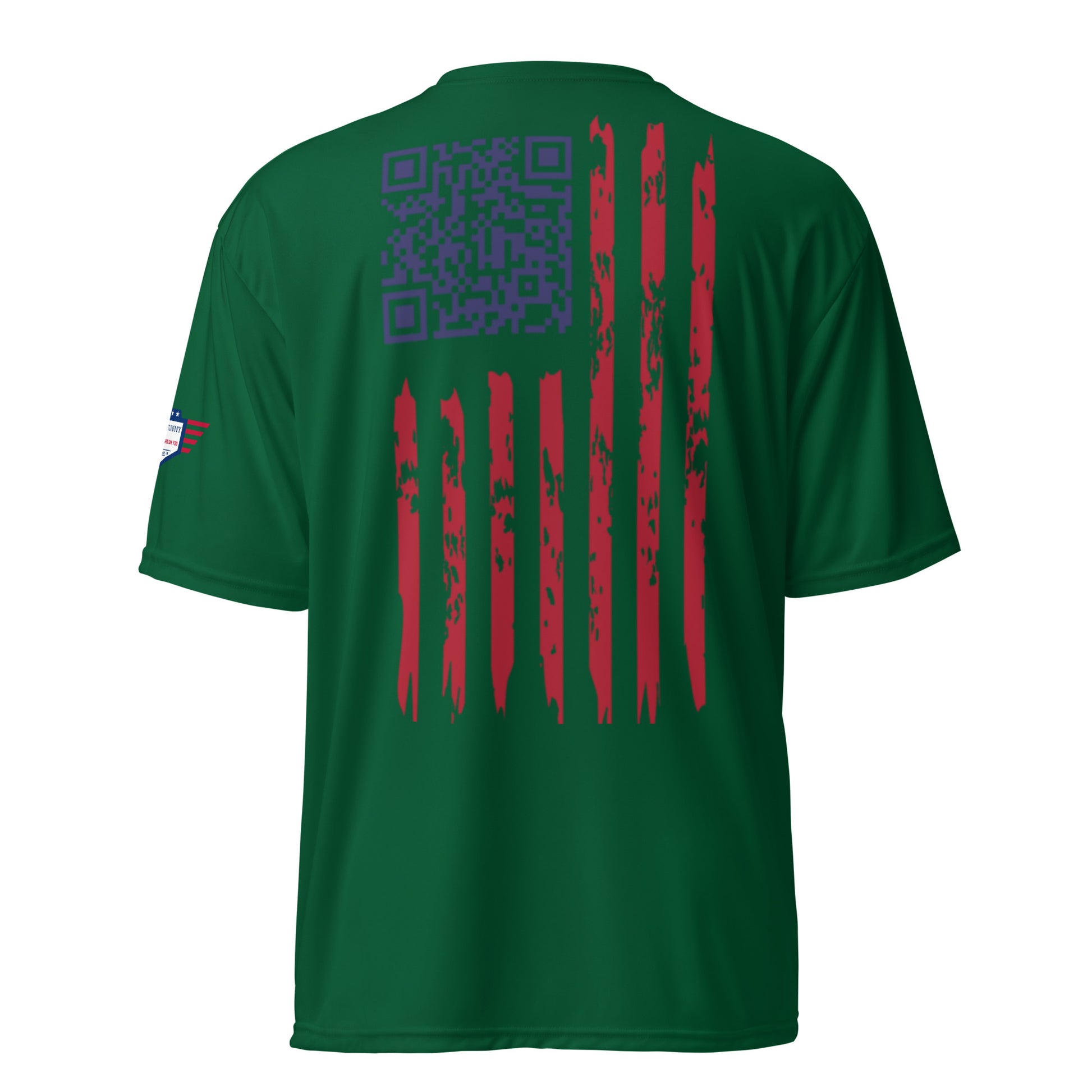 Back view of forest green tee featuring blue QR code easter egg and distressed flag stripes