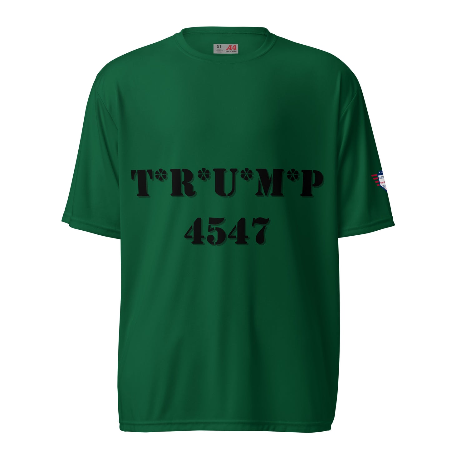 Green performance crew front featuring black T*R*U*M*P 4547 stencil print and flag sleeve patch