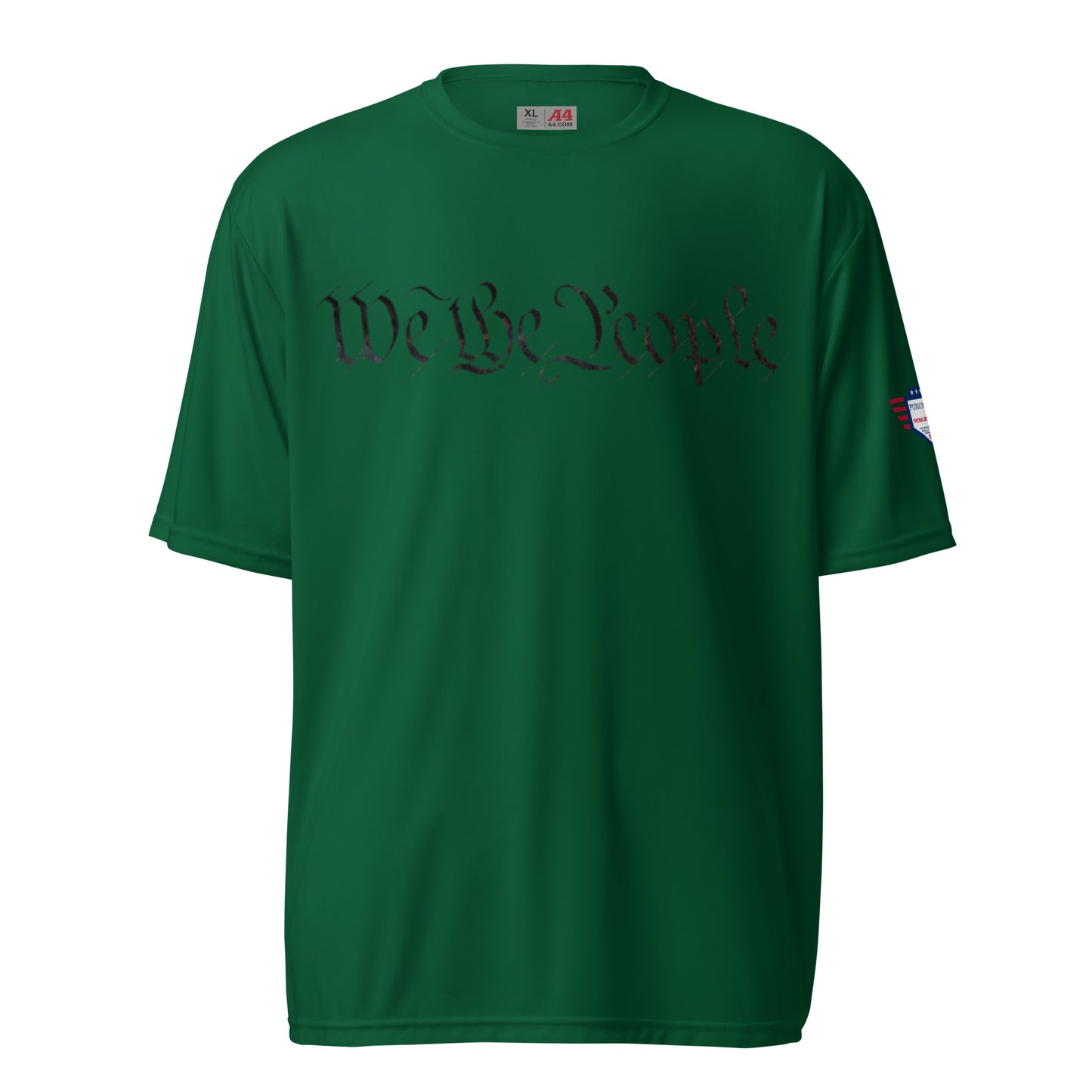 Front view of forest green unisex tee with bold "We The People" script and sleeve flag patch