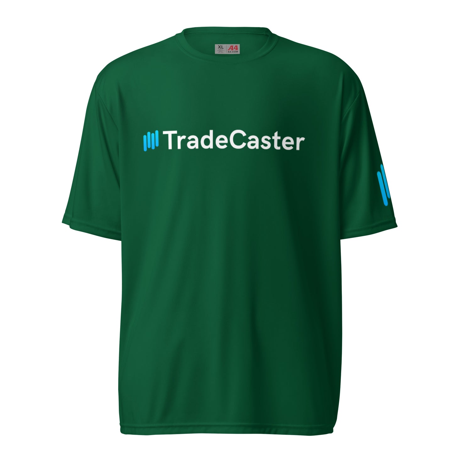 Front view of forest green TradeCaster performance crew tee with cyan bars and logo