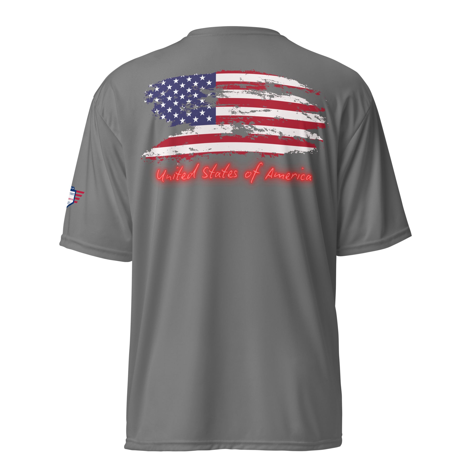 Back view of graphite gray performance tee with distressed US flag and "United States of America" in red script