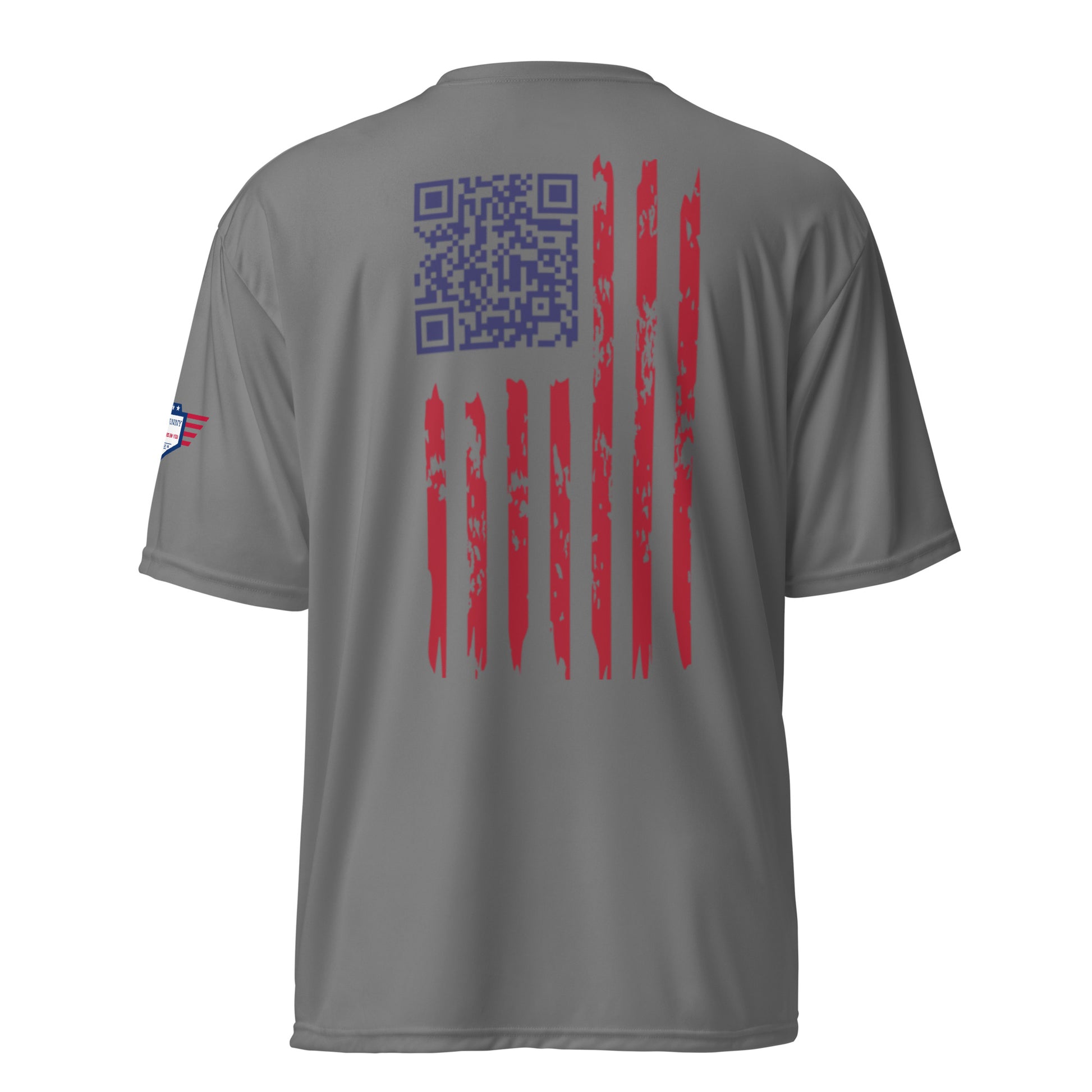 Back view of graphite gray performance tee with blue QR code easter egg, flag emblem and distressed red stripes