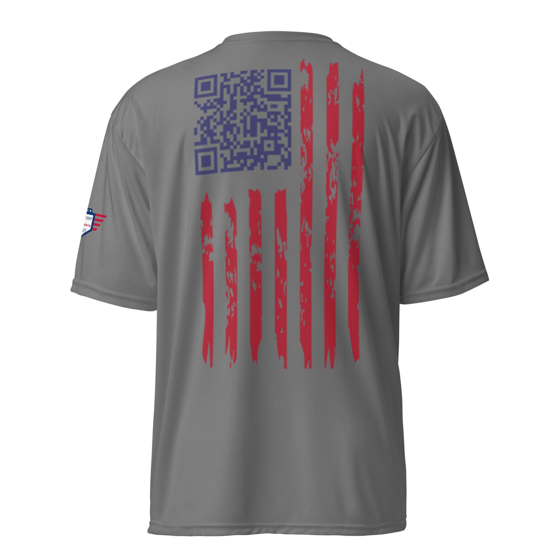 Back view of graphite gray tee with blue QR code above distressed red flag stripes and sleeve flag patch