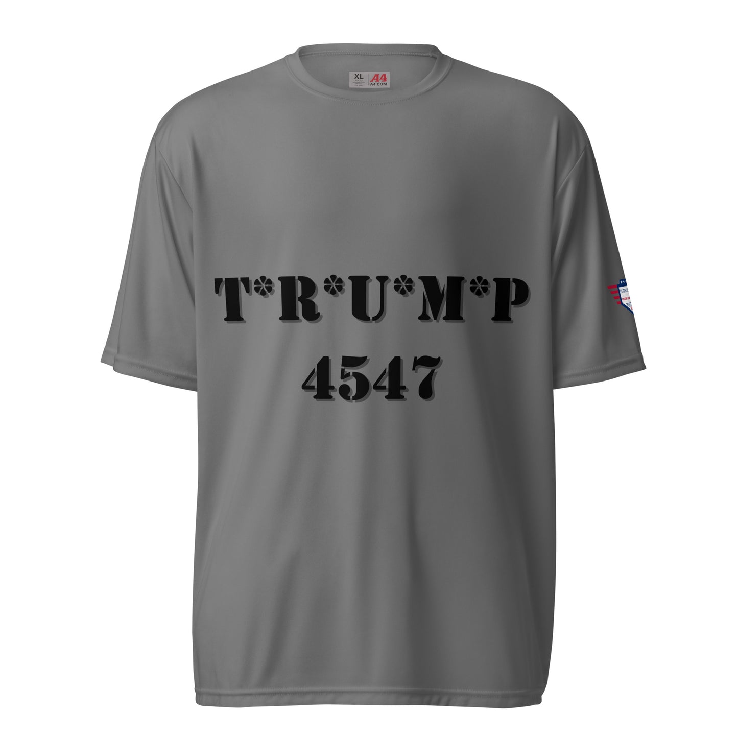 Front view of graphite gray performance crew tee with bold black "T*R*U*M*P 4547" stencil print and flag sleeve patch
