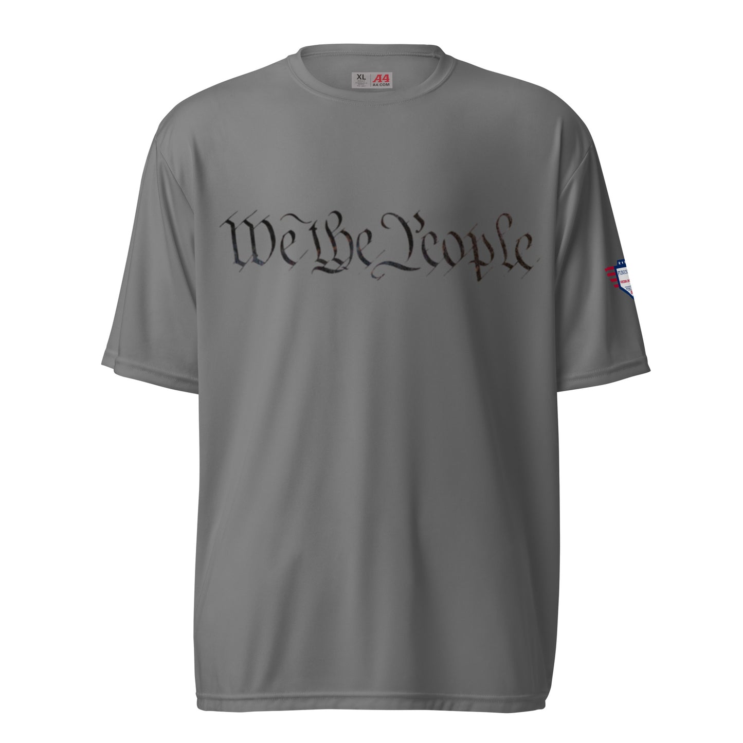 Front view of graphite gray "We the People" unisex performance crew tee, AS neck tag and flag patch