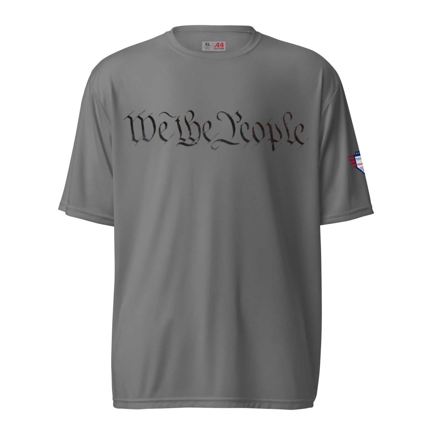 Graphite performance tee front view, arched "We The People" cursive print with flag sleeve patch