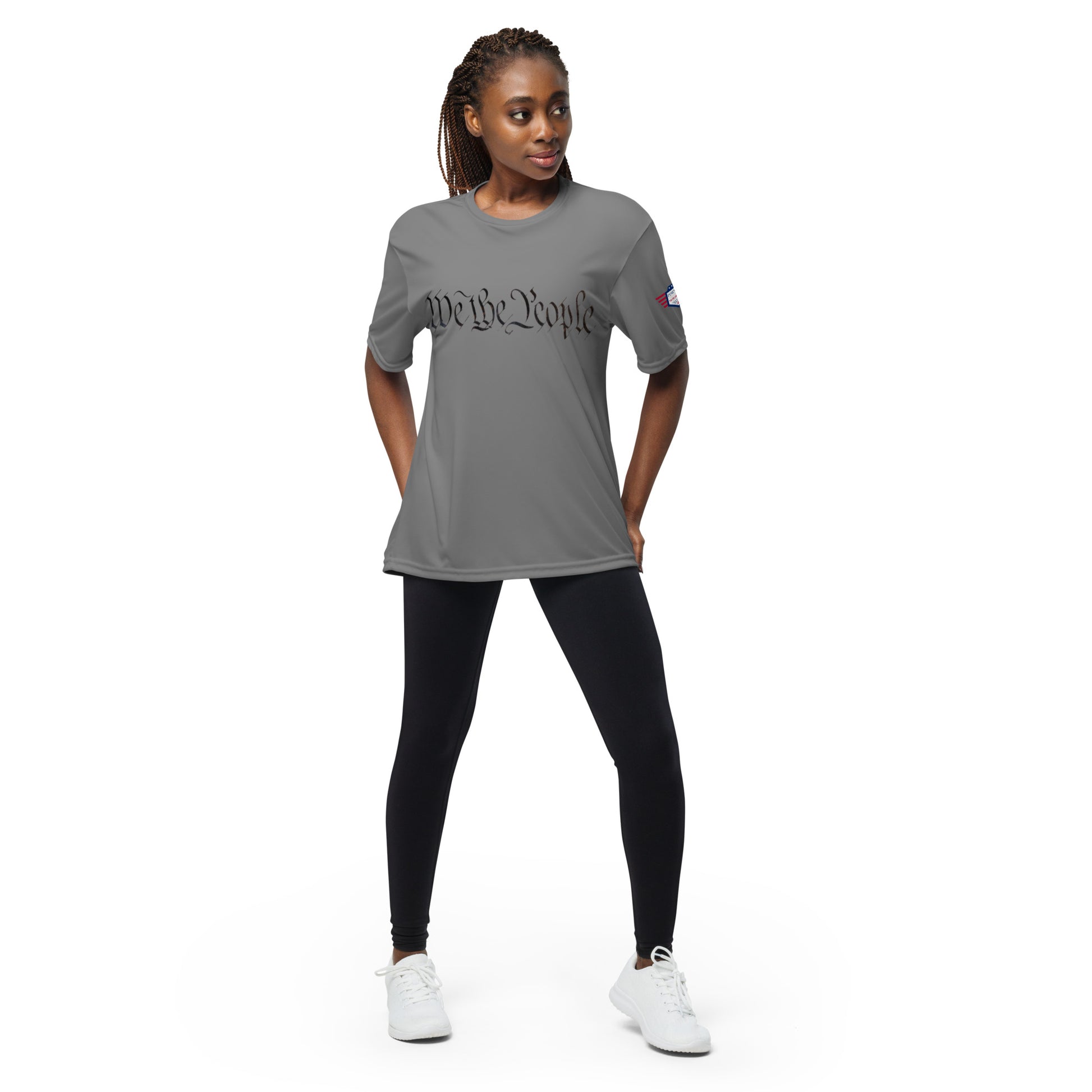 Woman modeling graphite gray "We The People" performance crew tee front
