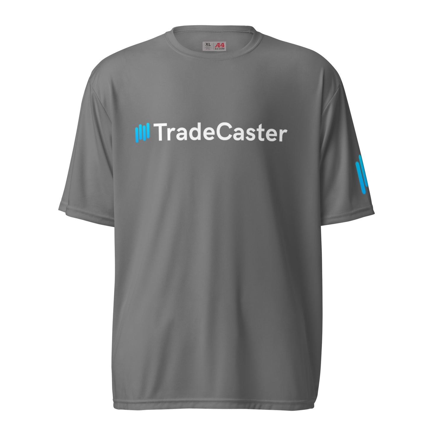 Front view of graphite gray TradeCaster performance crew tee with cyan signal bars logo