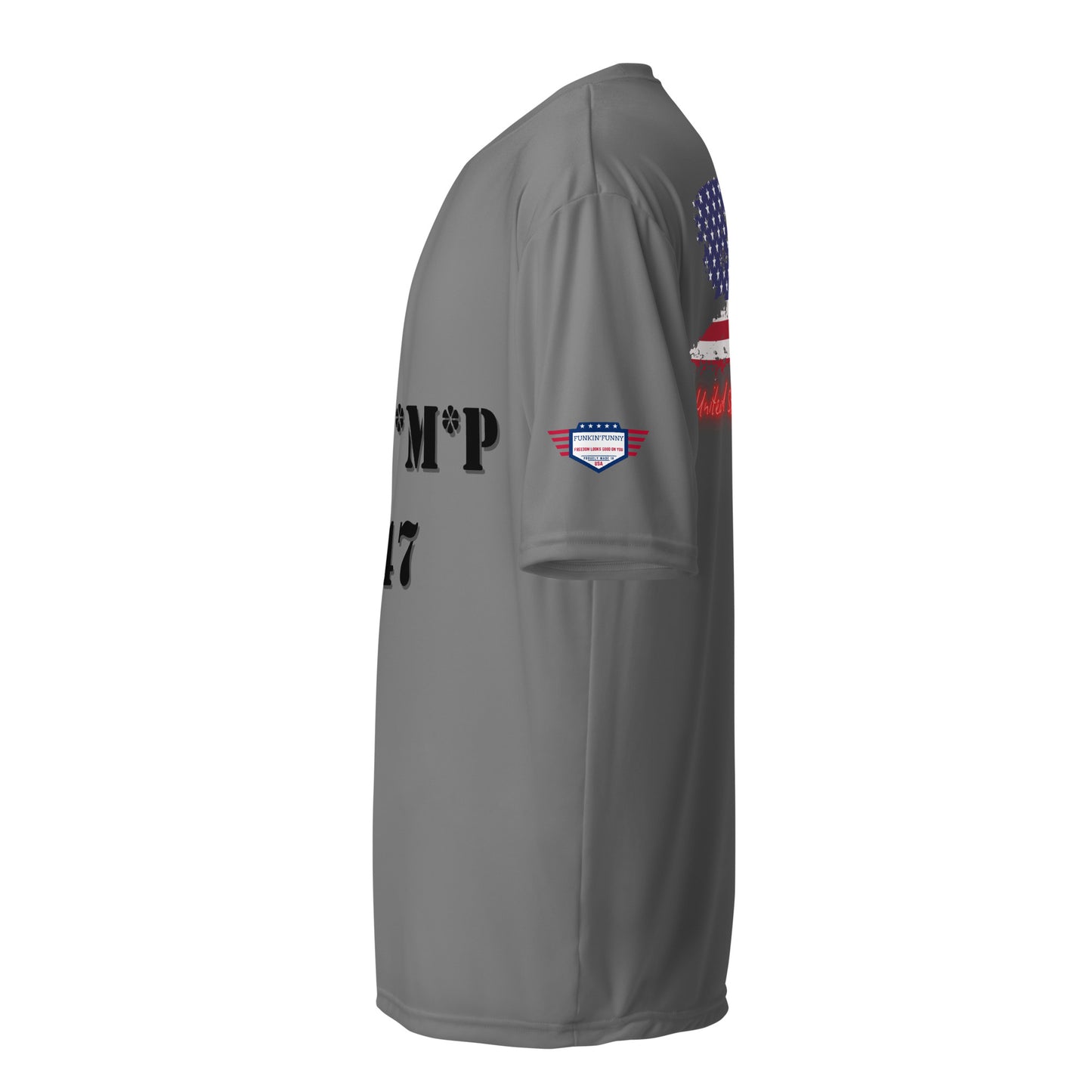 Right side view of graphite gray performance crew tee with partial "T*R*U*M*P" stencil and flag sleeve patch