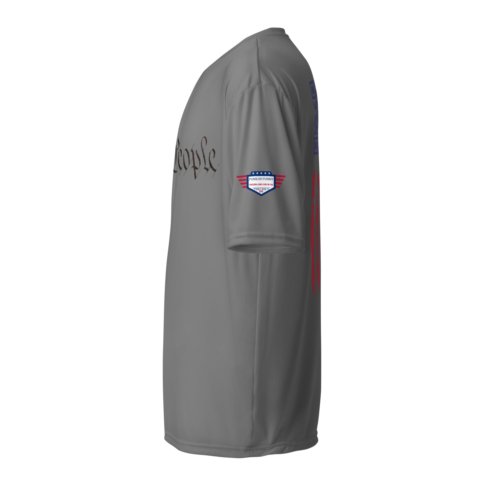 Side view of graphite gray "We the People" tee showing flag patch and red distressed stripe