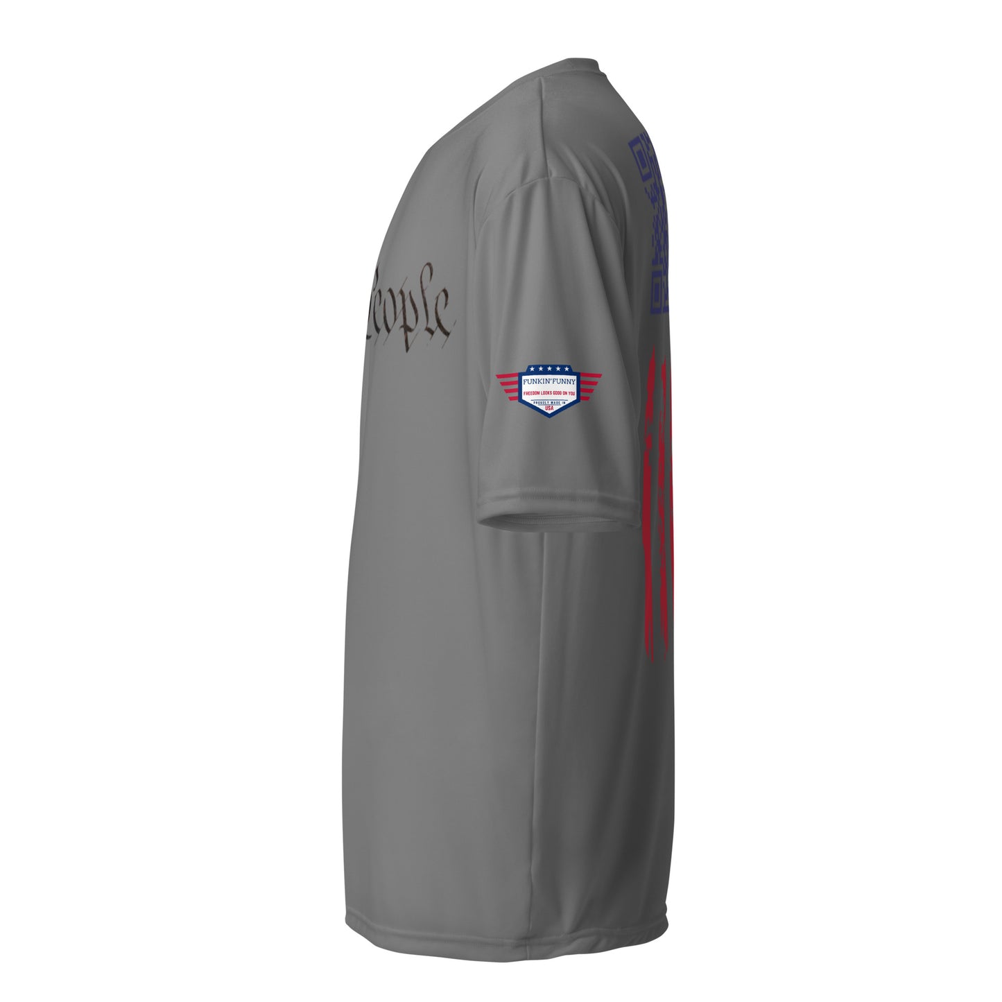 Side view of graphite gray performance tee with partial "eople" script, flag patch, and red side stripes