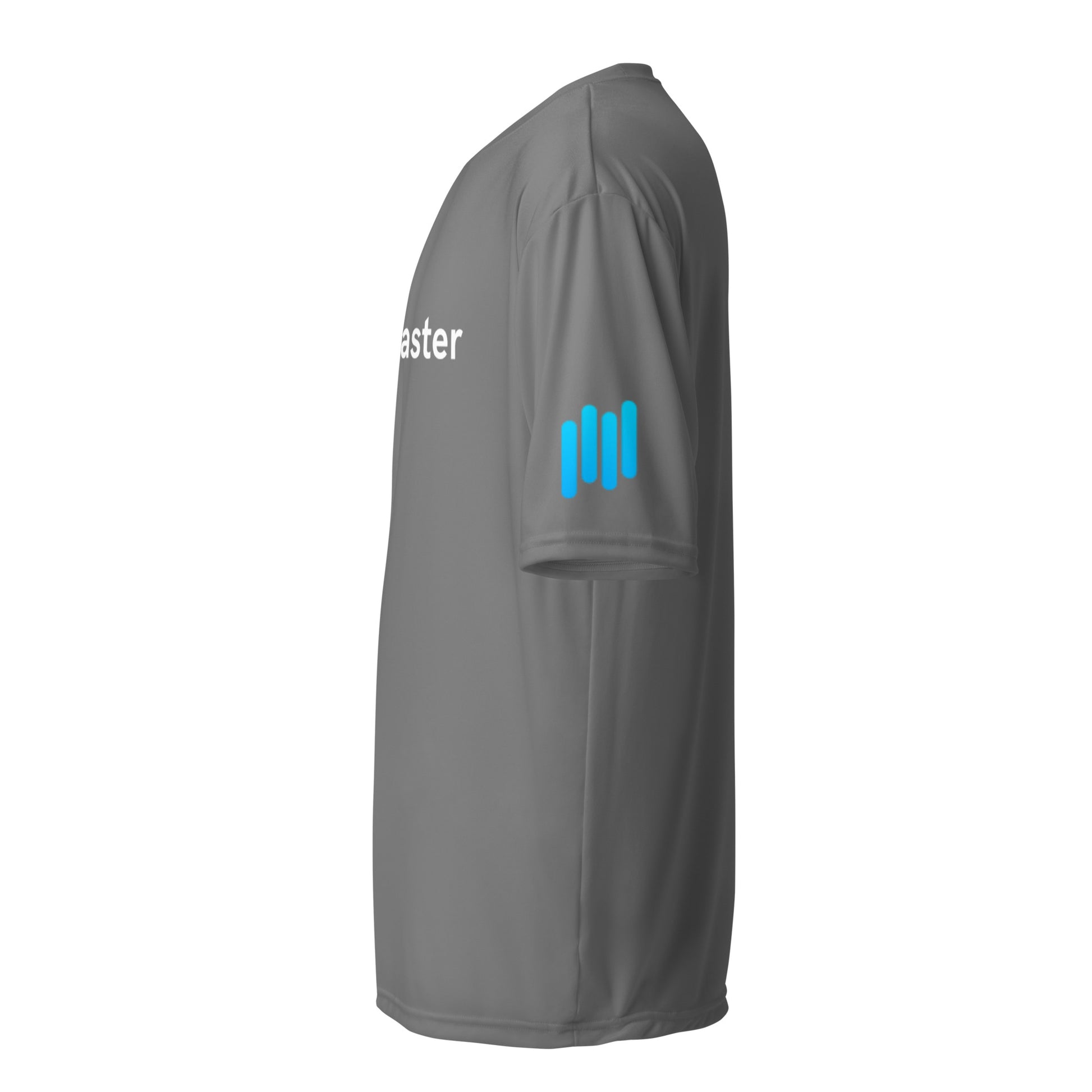 Right side view of graphite TradeCaster tee highlighting cyan sleeve bars