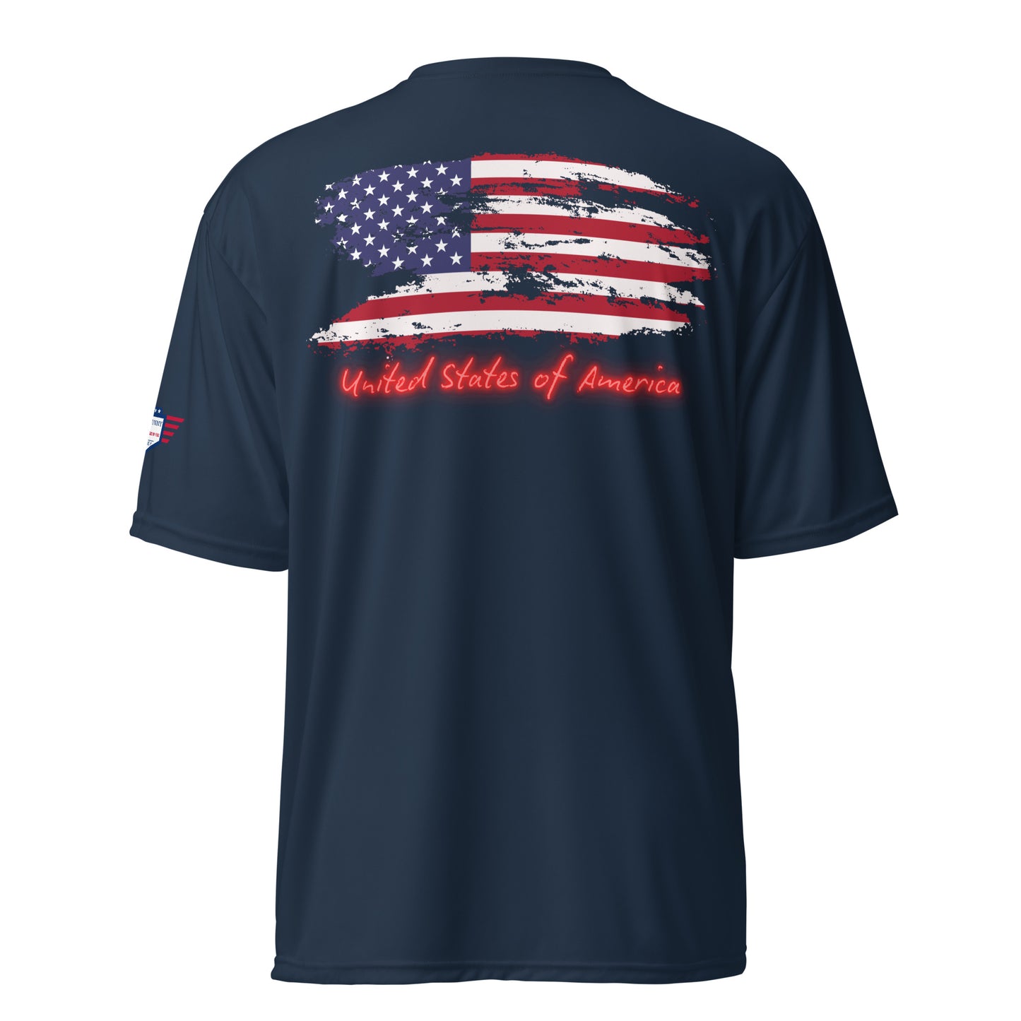 Navy tee back with distressed American flag and red "United States of America" arch, flag sleeve accents