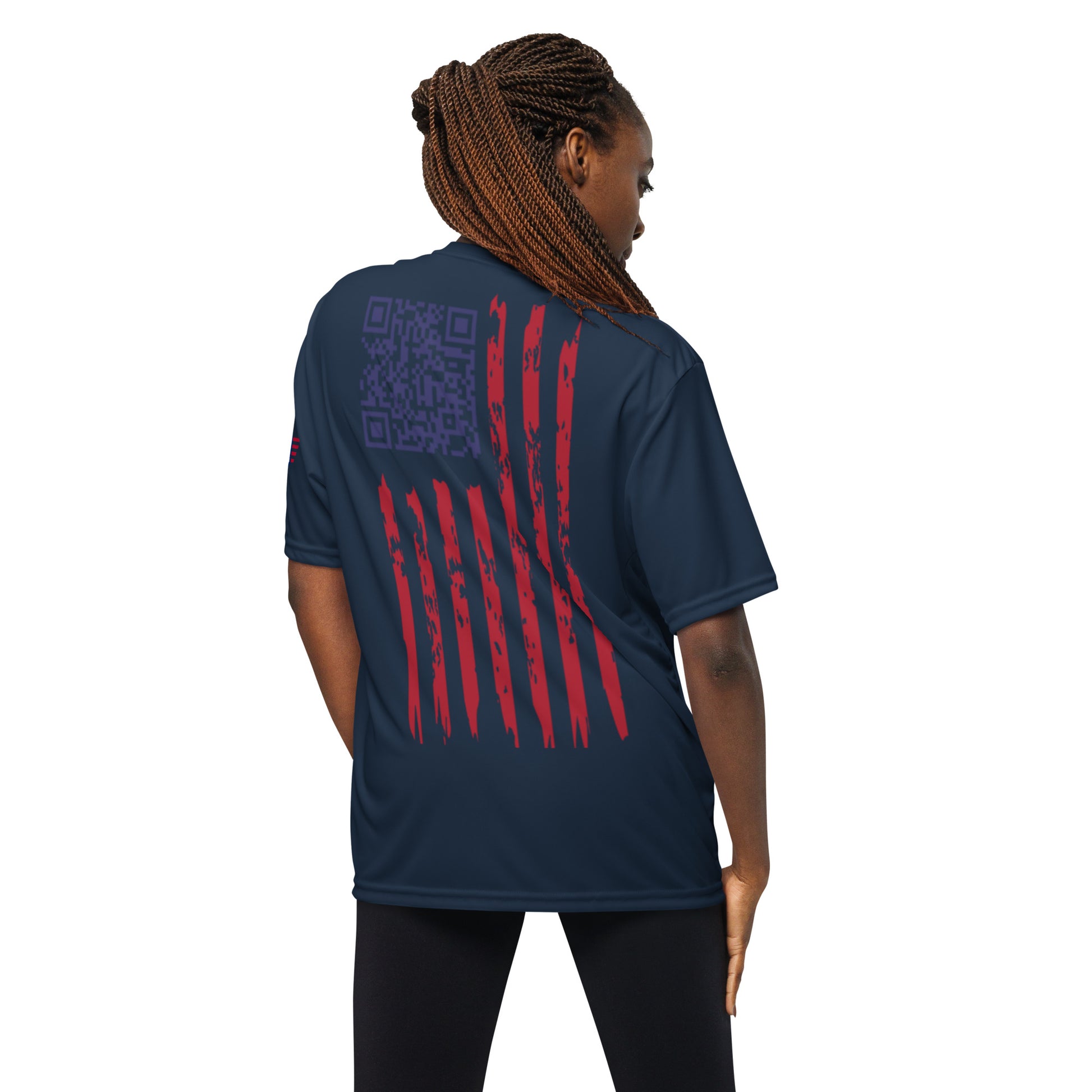 Back of navy tee on woman: QR code blended into red-white-blue flag stripes