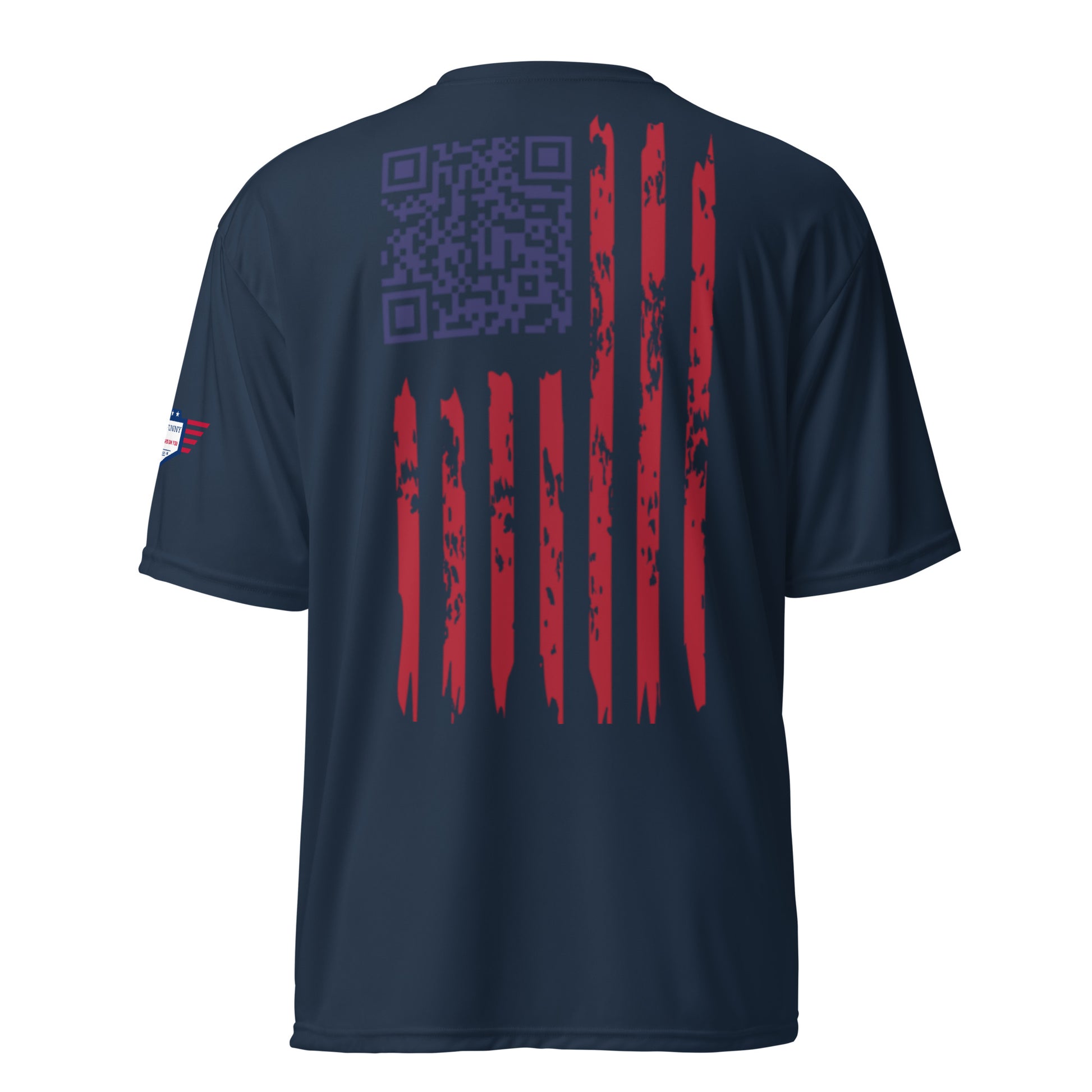 Flat back navy performance tee: blue QR code easter egg with rugged red flag stripe design