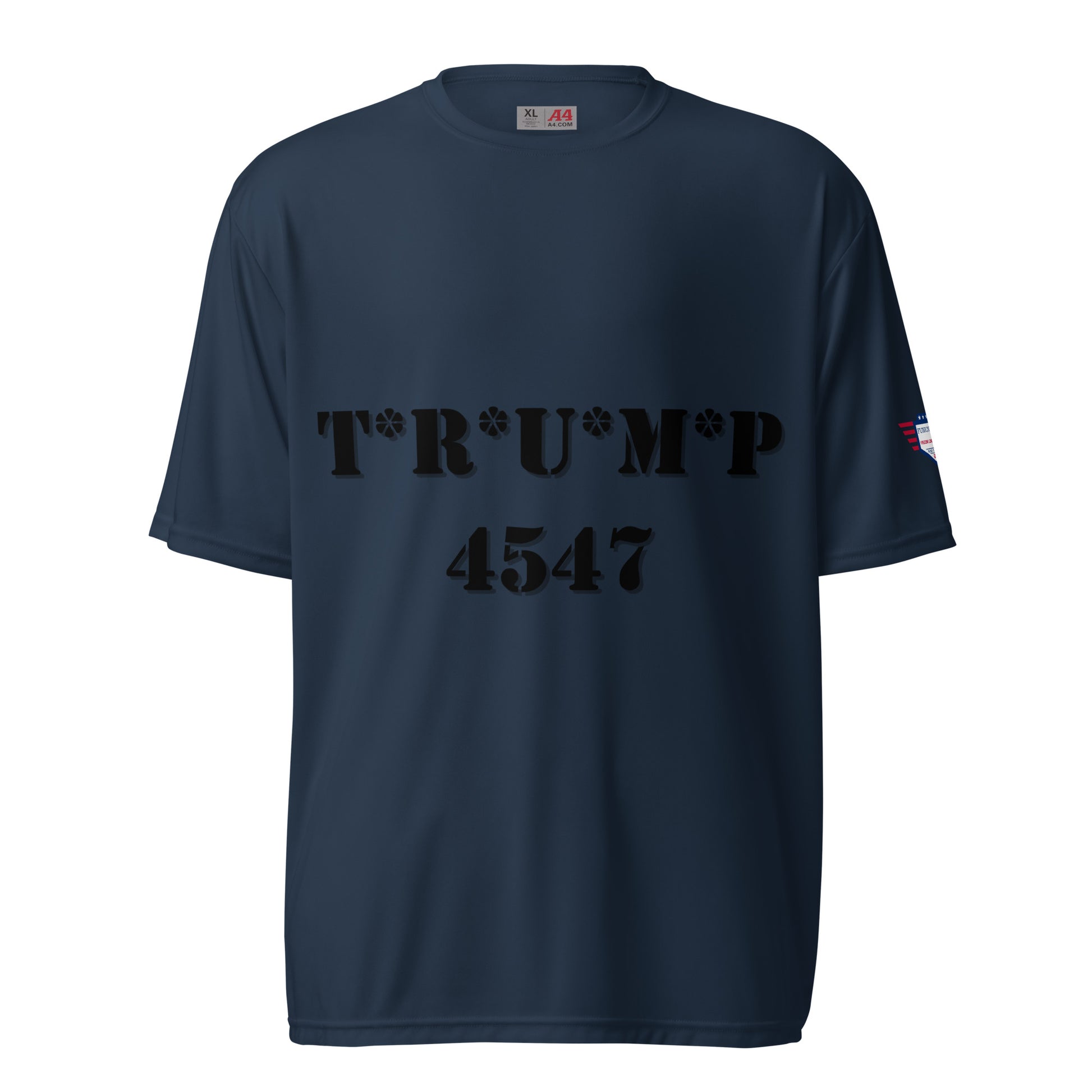 Navy performance crew t-shirt front, black stencil T*R*U*M*P over 4547, flag patch on sleeve