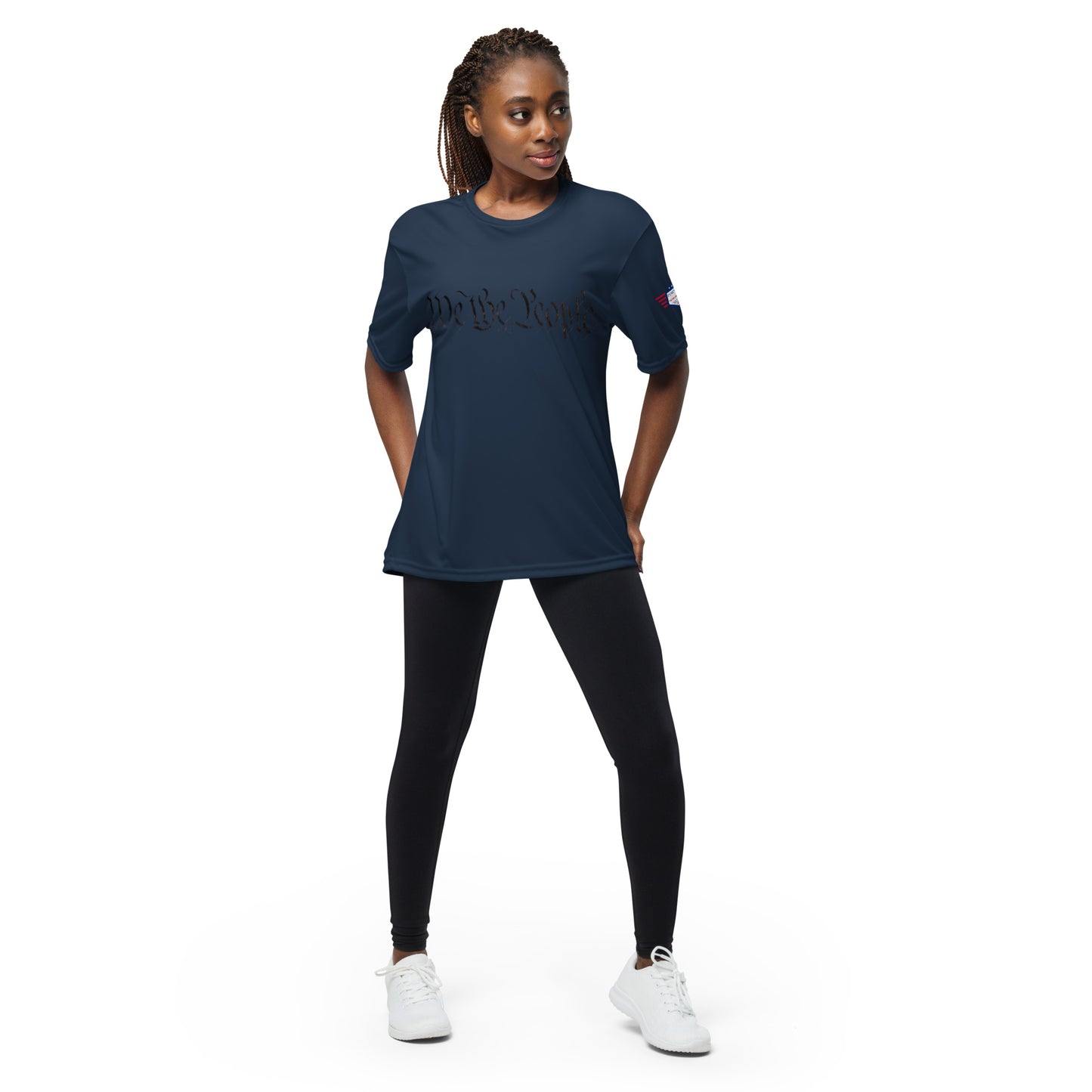 Woman rocking navy "We The People" cursive performance tee front, flag patch on sleeve