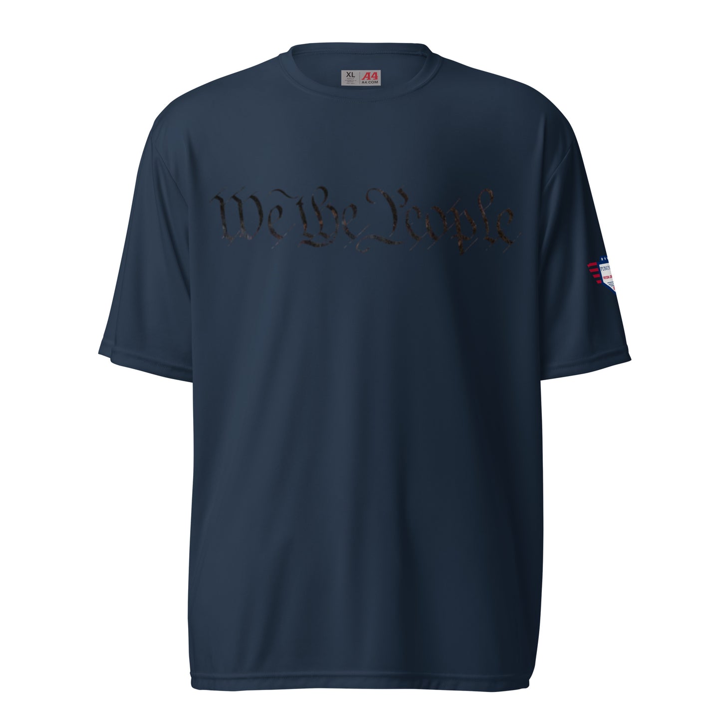 Flat front navy performance tee: dark "We The People" script across chest, flag on sleeve