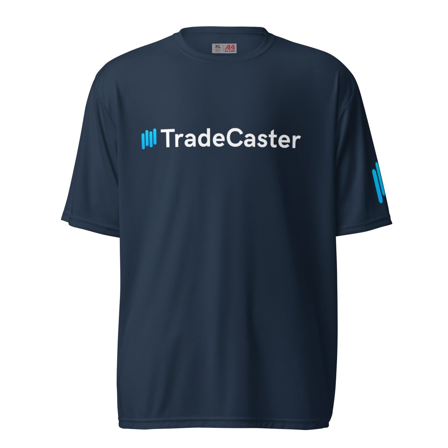 Front view of navy blue TradeCaster performance crew tee with cyan bars and logo