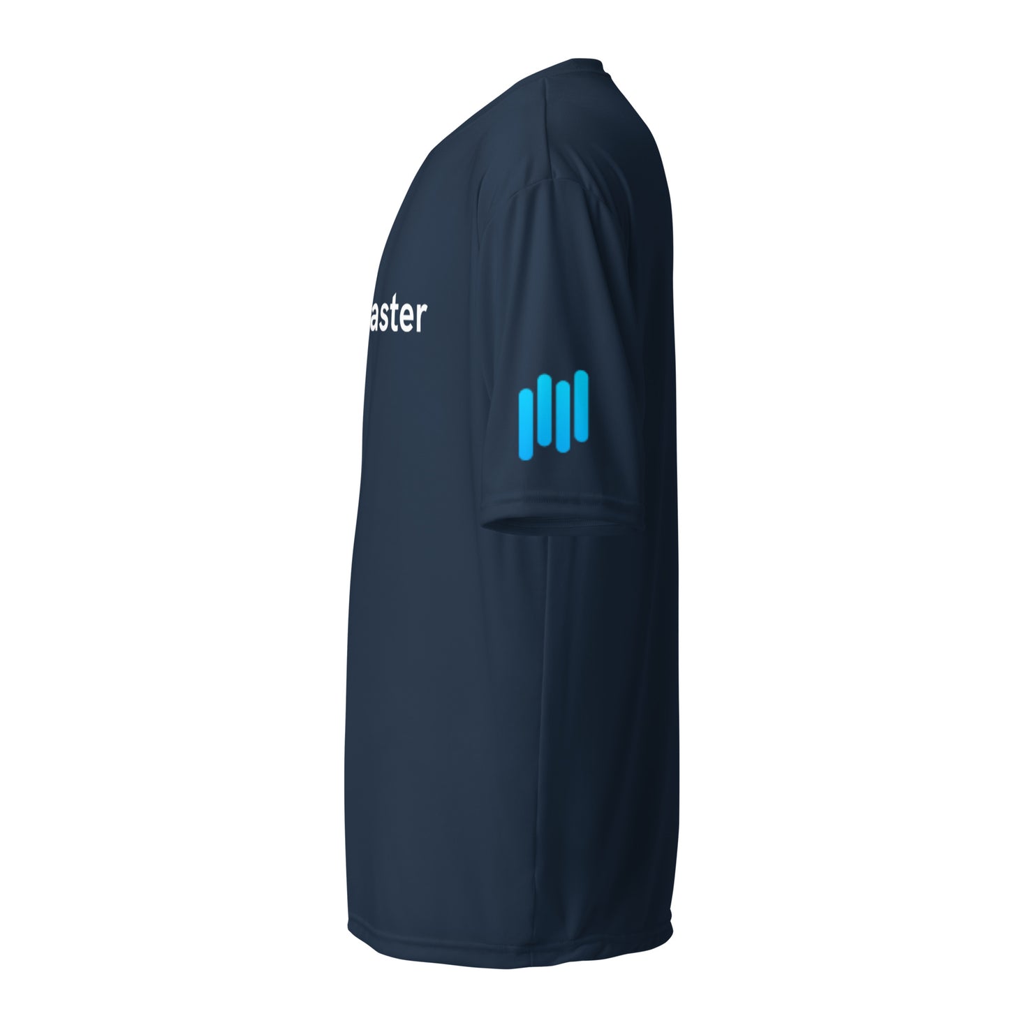 Right side view of navy TradeCaster tee with cyan sleeve bars and chest logo edge