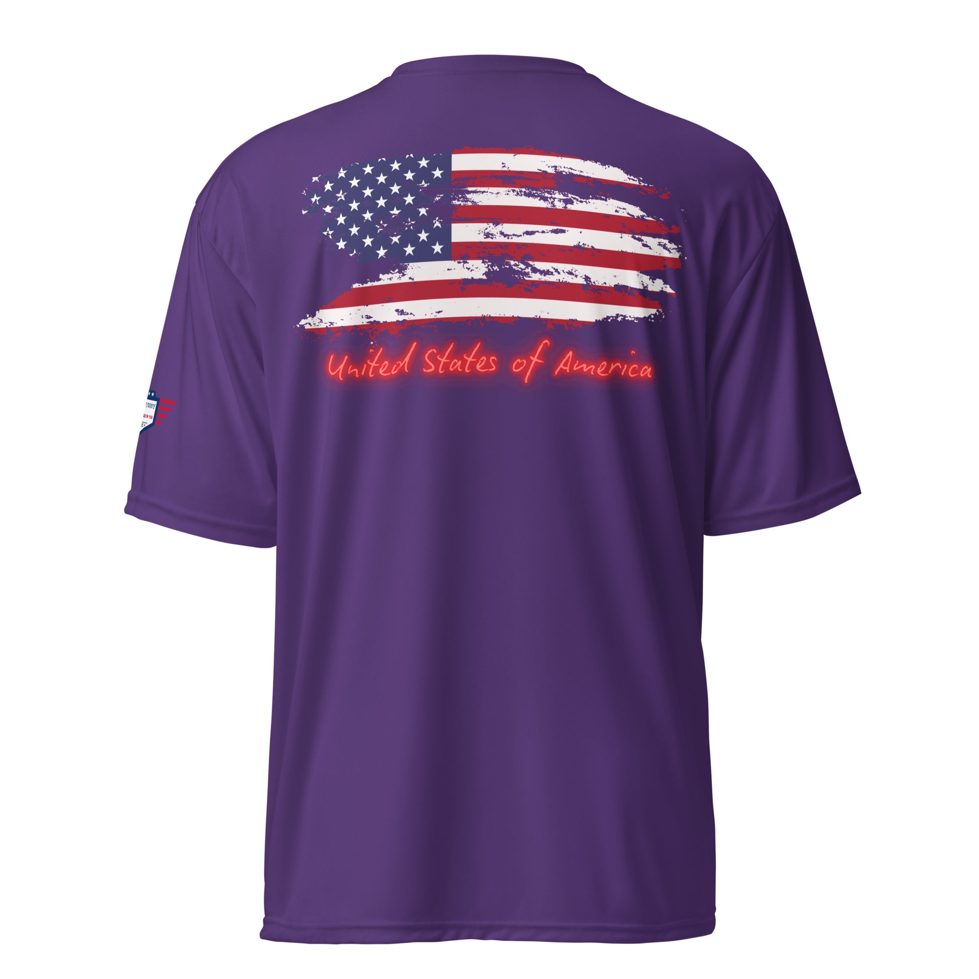 Purple tee back displaying grunge US flag and glowing red "United States of America"
