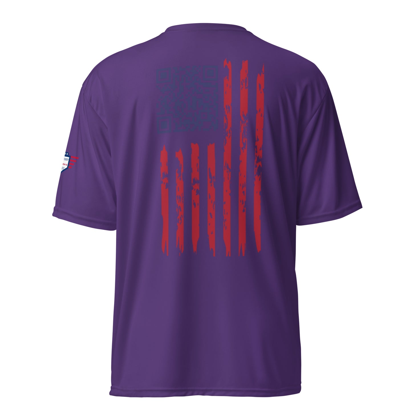 Back view of purple performance tee with blue QR code over grungy American flag design