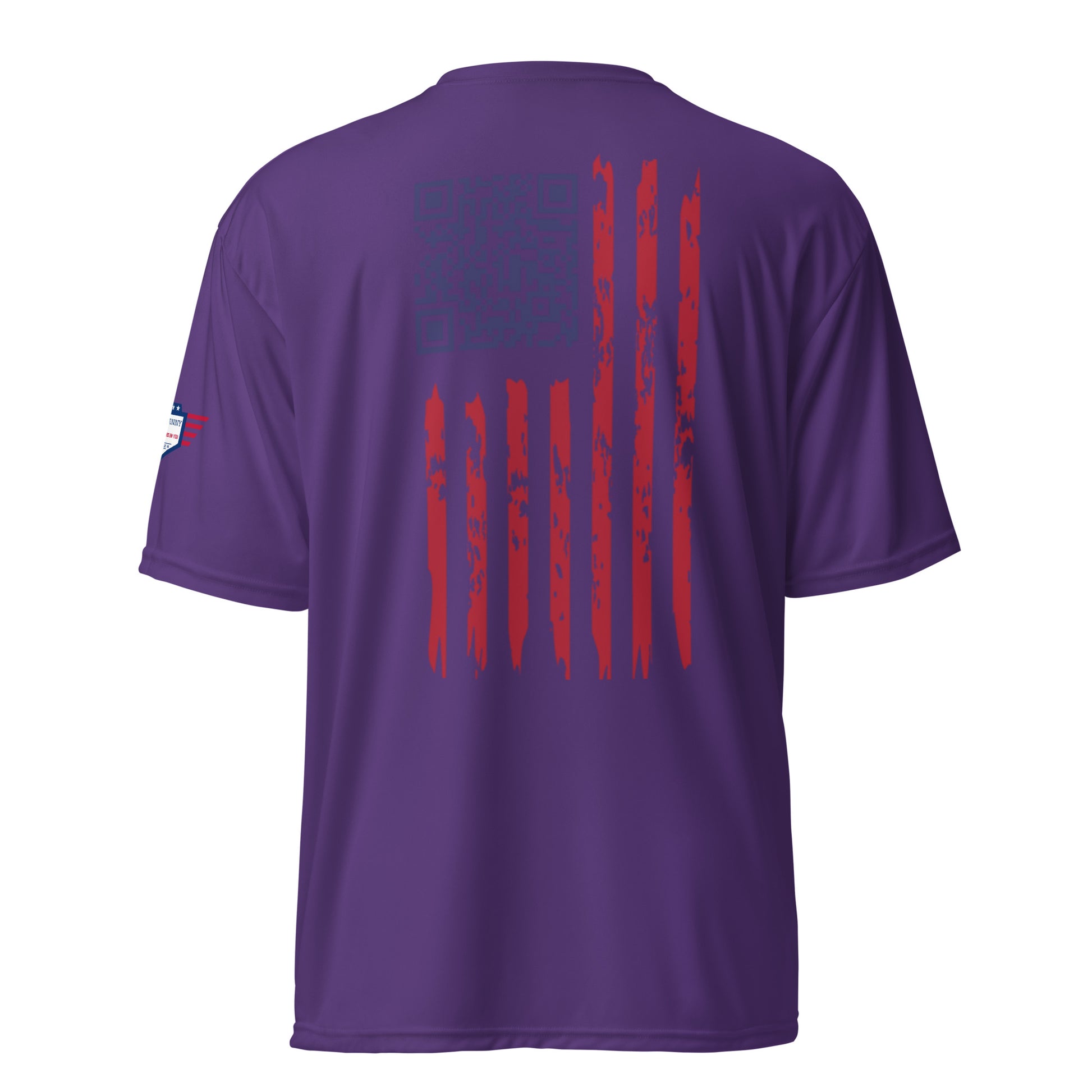 Back view of purple performance tee with blue QR code over grungy American flag design
