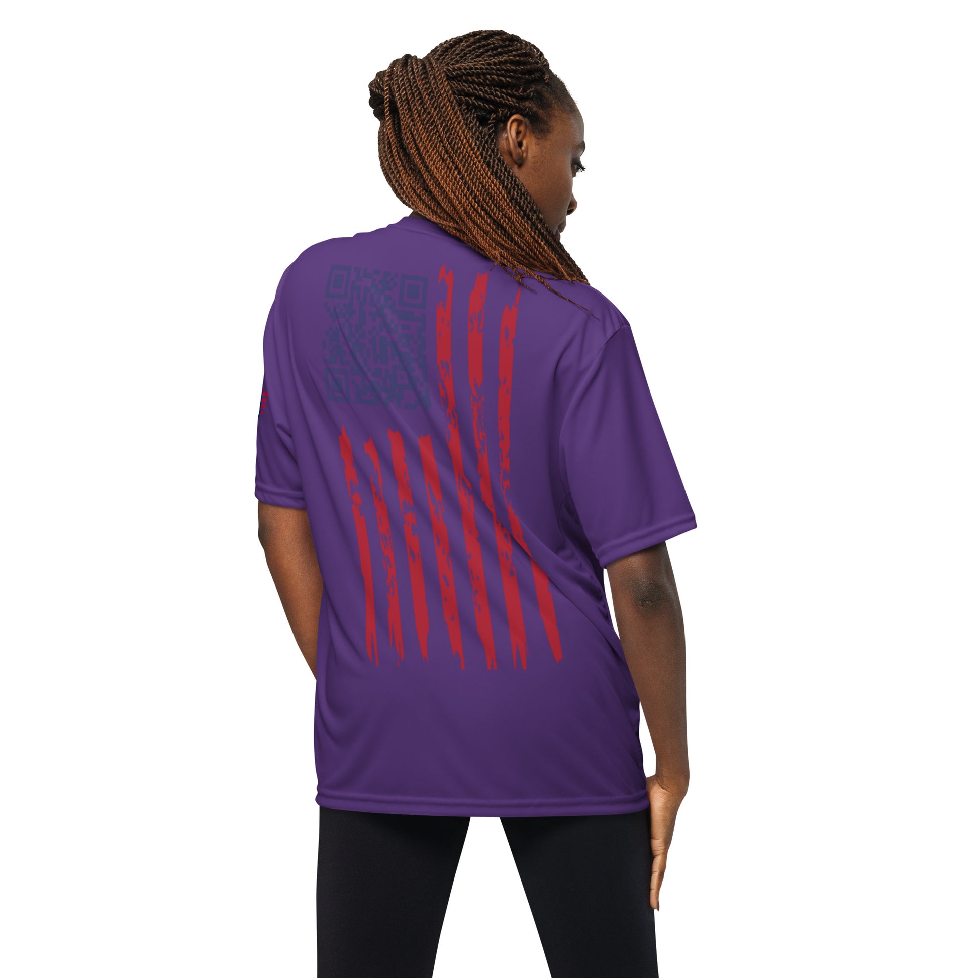 Back view of purple unisex performance tee on woman model, QR code in flag stripes easter egg