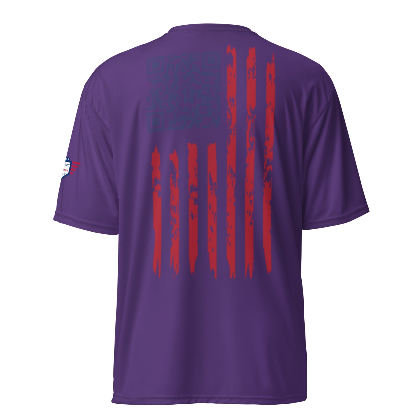 Back view of purple tee with QR code surprise and rugged red-white-blue flag stripes