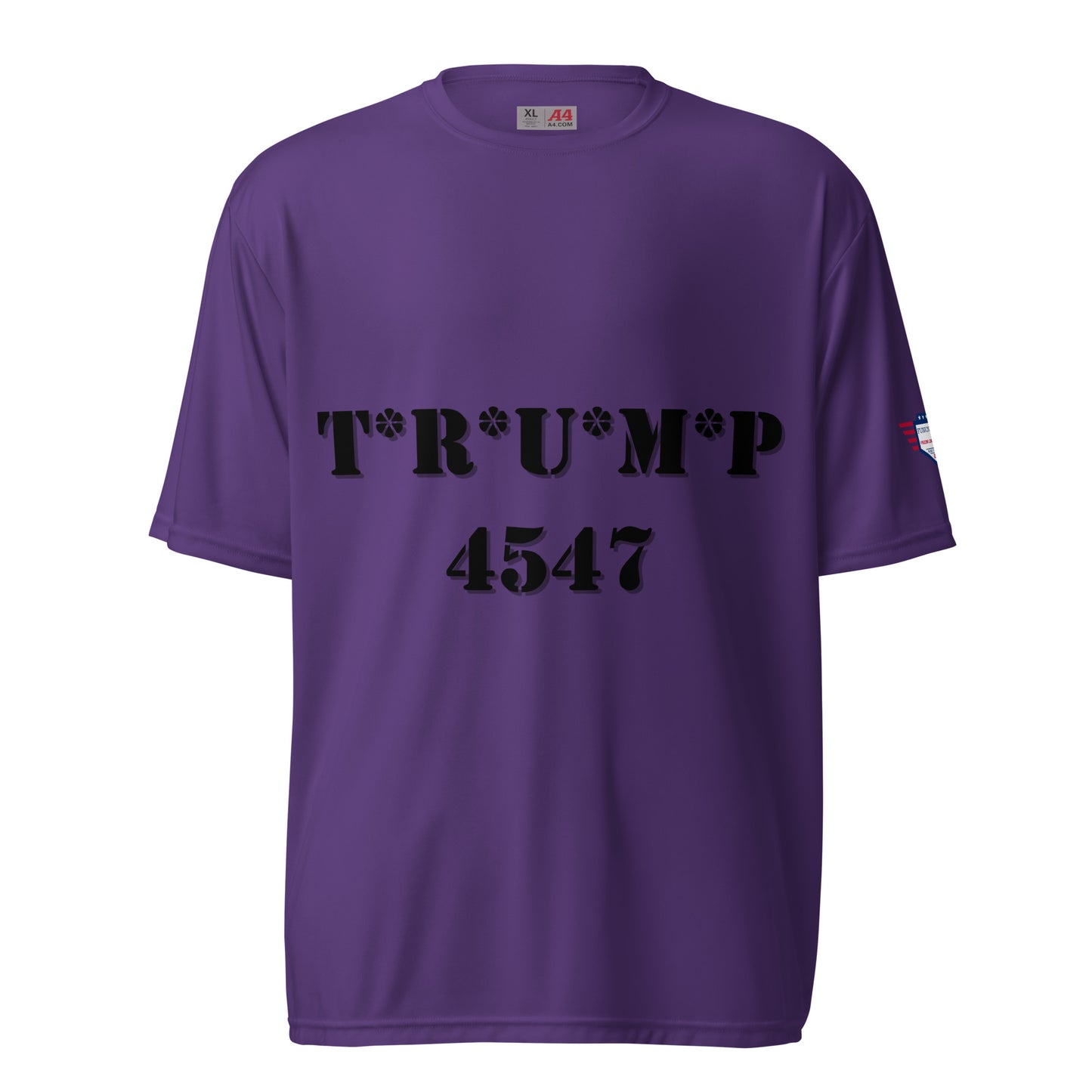 Purple crew neck performance t-shirt front, black T*R*U*M*P above 4547, flag wing on sleeve