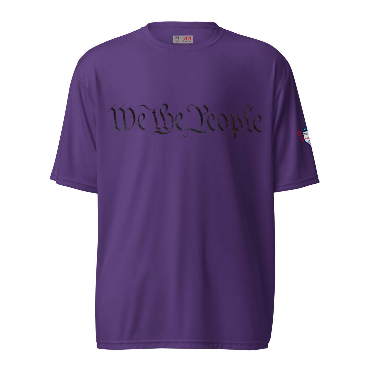 Front view of purple unisex performance crew t-shirt with black cursive "We the People" and US flag sleeve patch