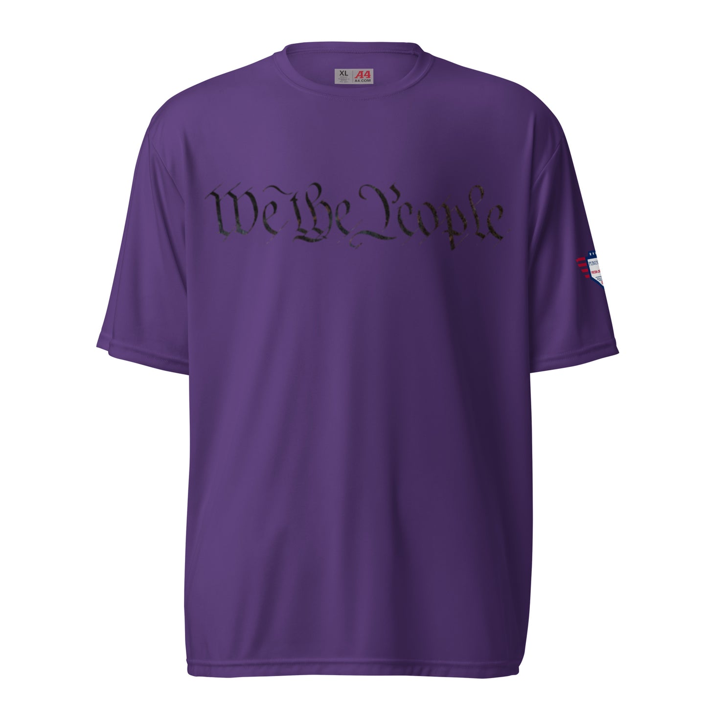 Front view of purple performance crew tee with "We The People" cursive print and flag sleeve