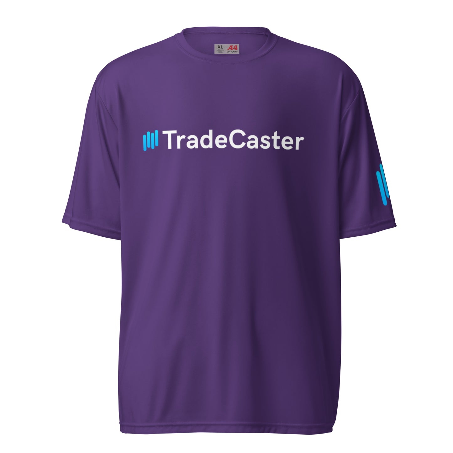 Front view of purple TradeCaster performance crew tee with cyan signal bars logo