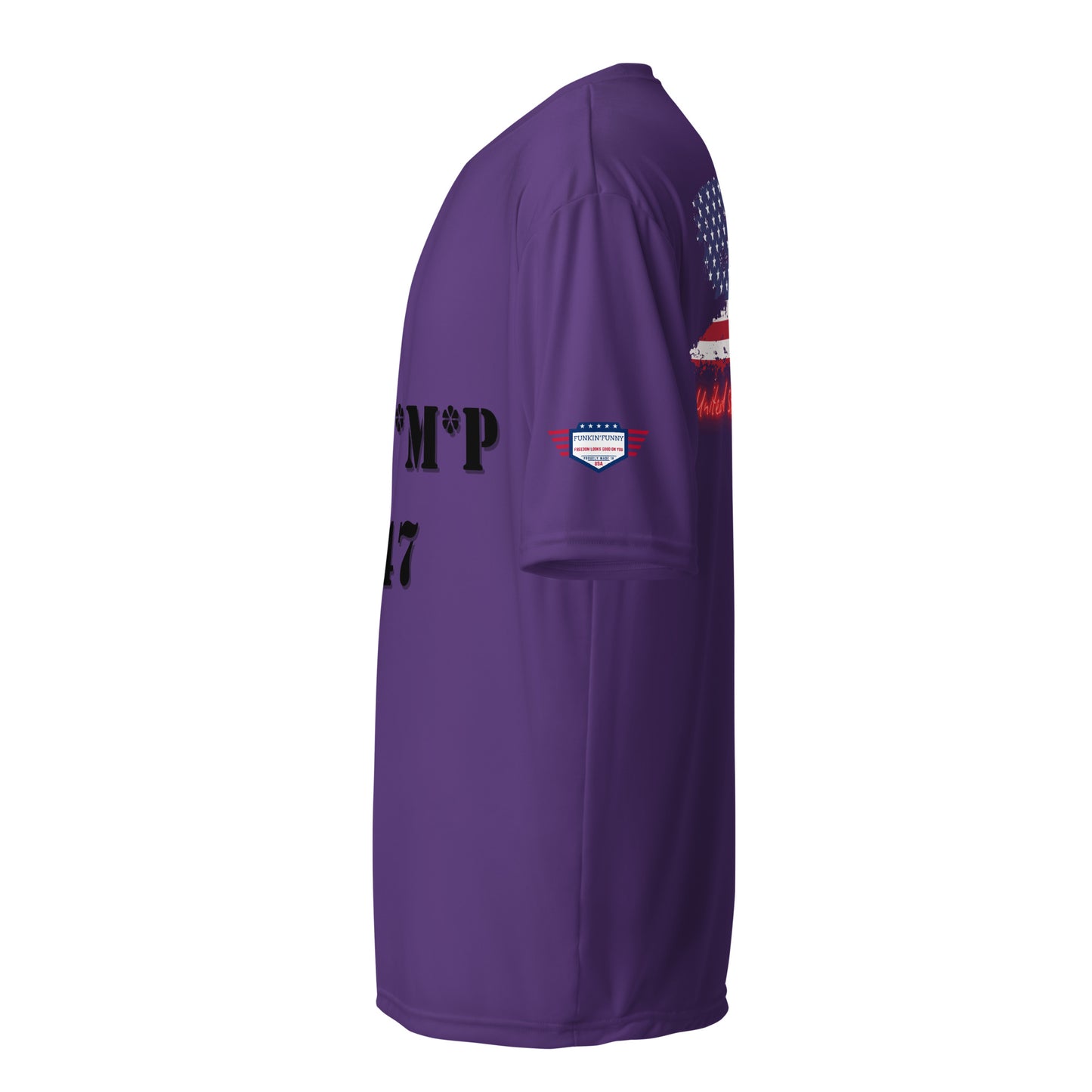 Side profile of purple performance tee, partial M*P 47 print visible with sleeve flag patch