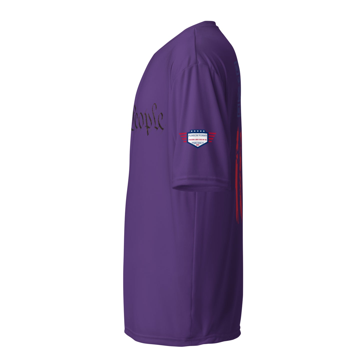 Side view of purple "We the People" tee highlighting script curve, flag patch, and back stripe peek