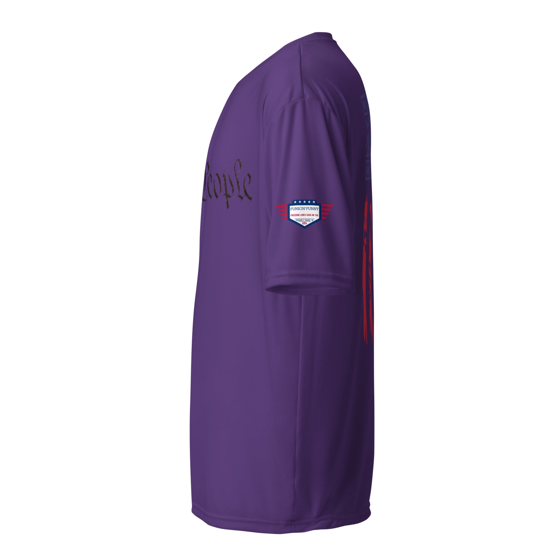 Side view of purple "We the People" tee highlighting script curve, flag patch, and back stripe peek