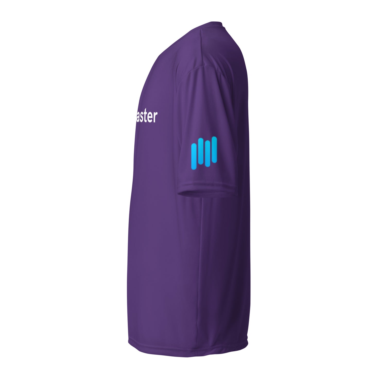Right side view of purple TradeCaster tee showing cyan sleeve bars