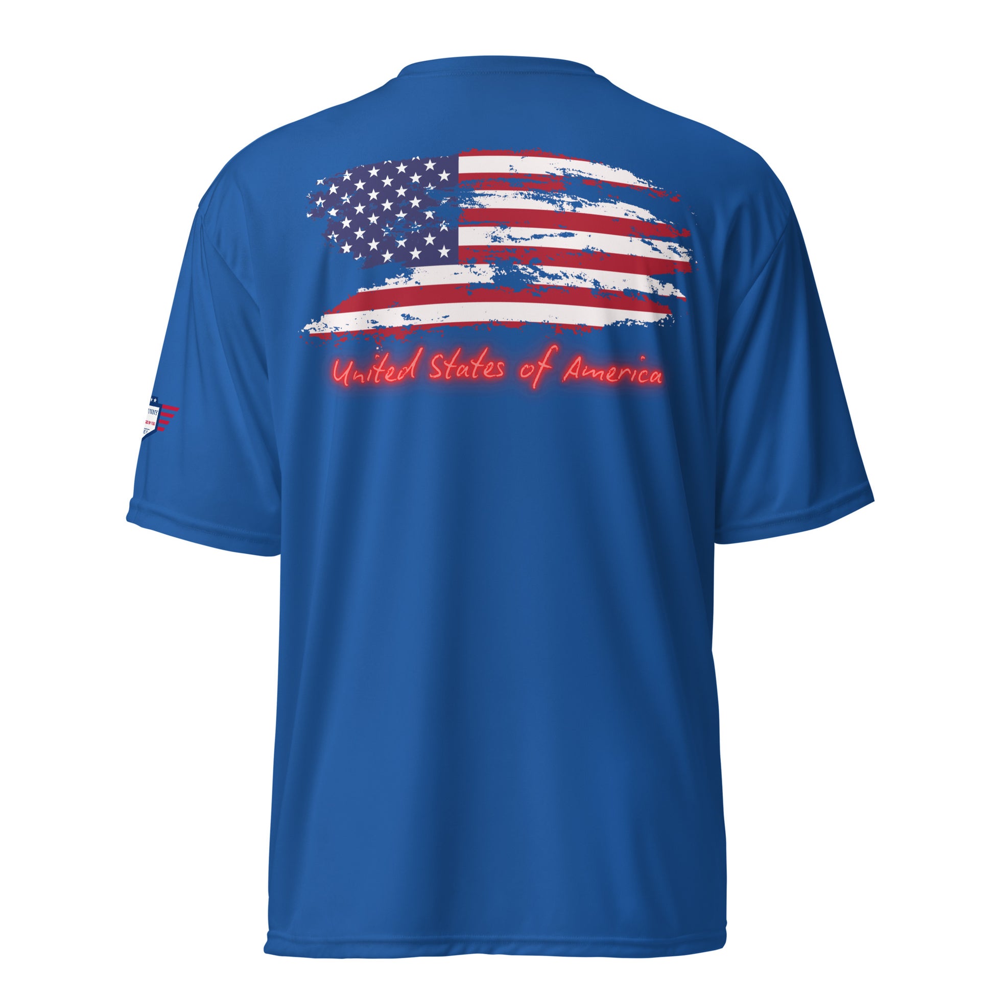 Royal blue t-shirt back with weathered American flag print and red "United States of America"