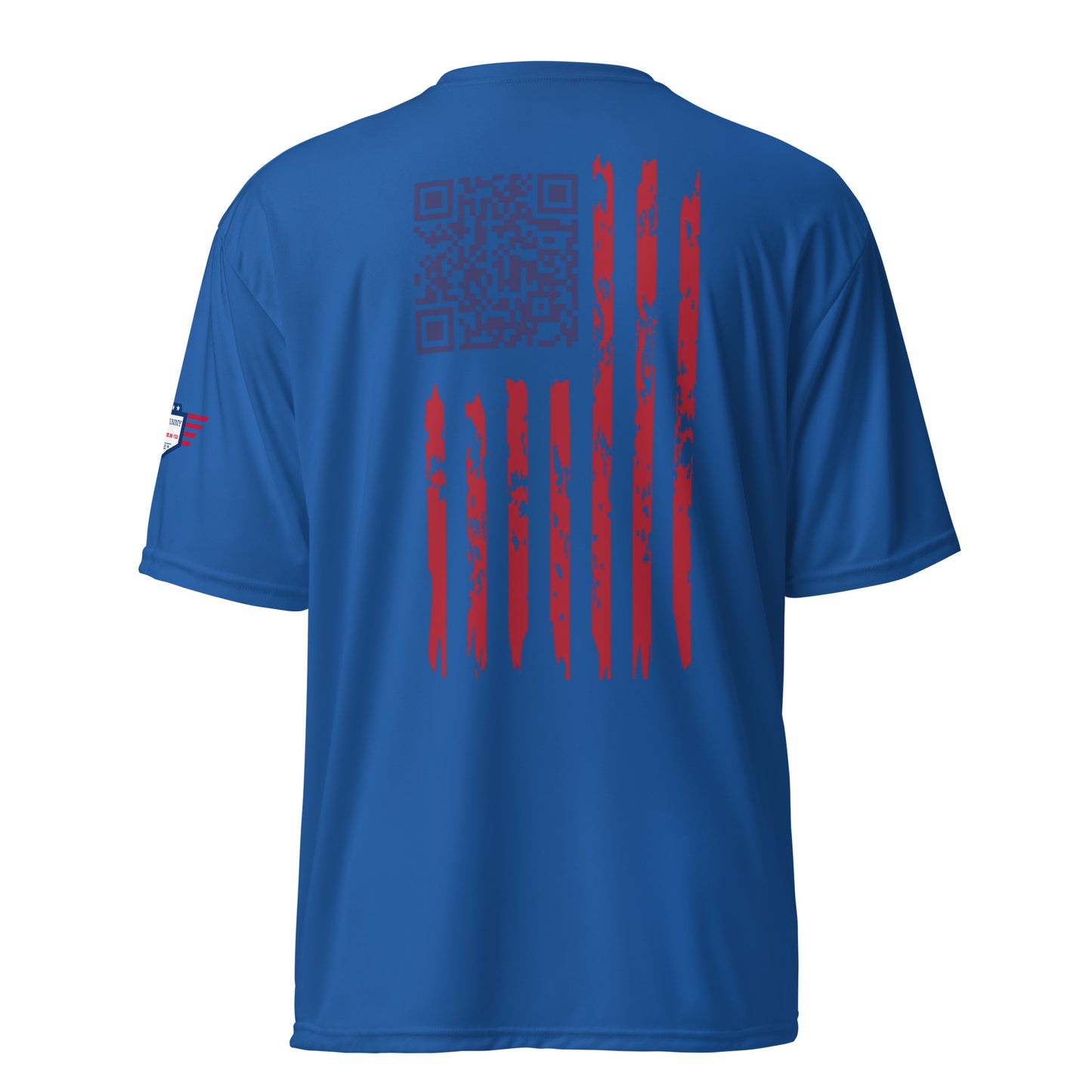 Back view of royal blue unisex tee showing QR code easter egg in distressed flag motif