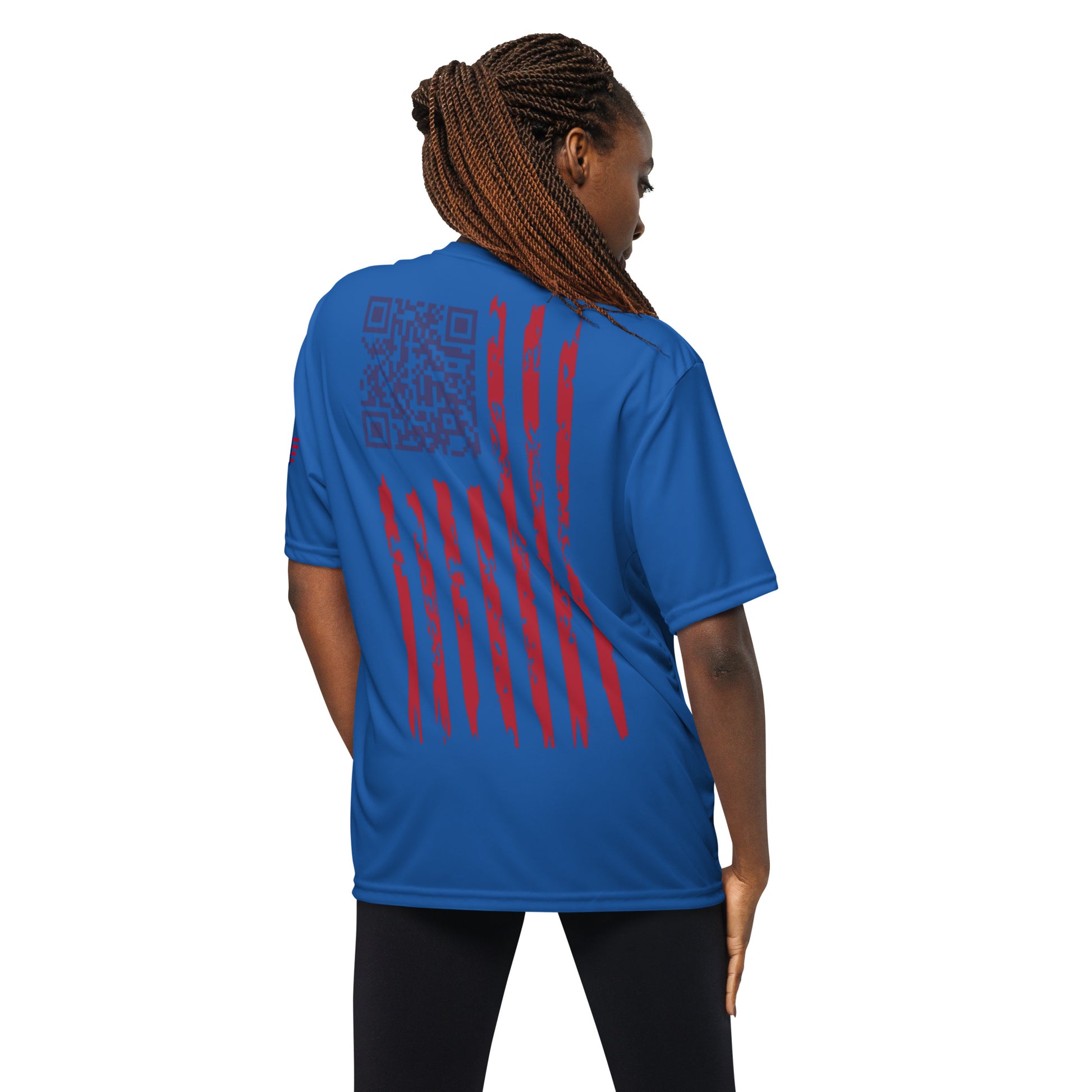 Back of royal blue performance shirt on model, sneaky QR flag design for Trump dance scan