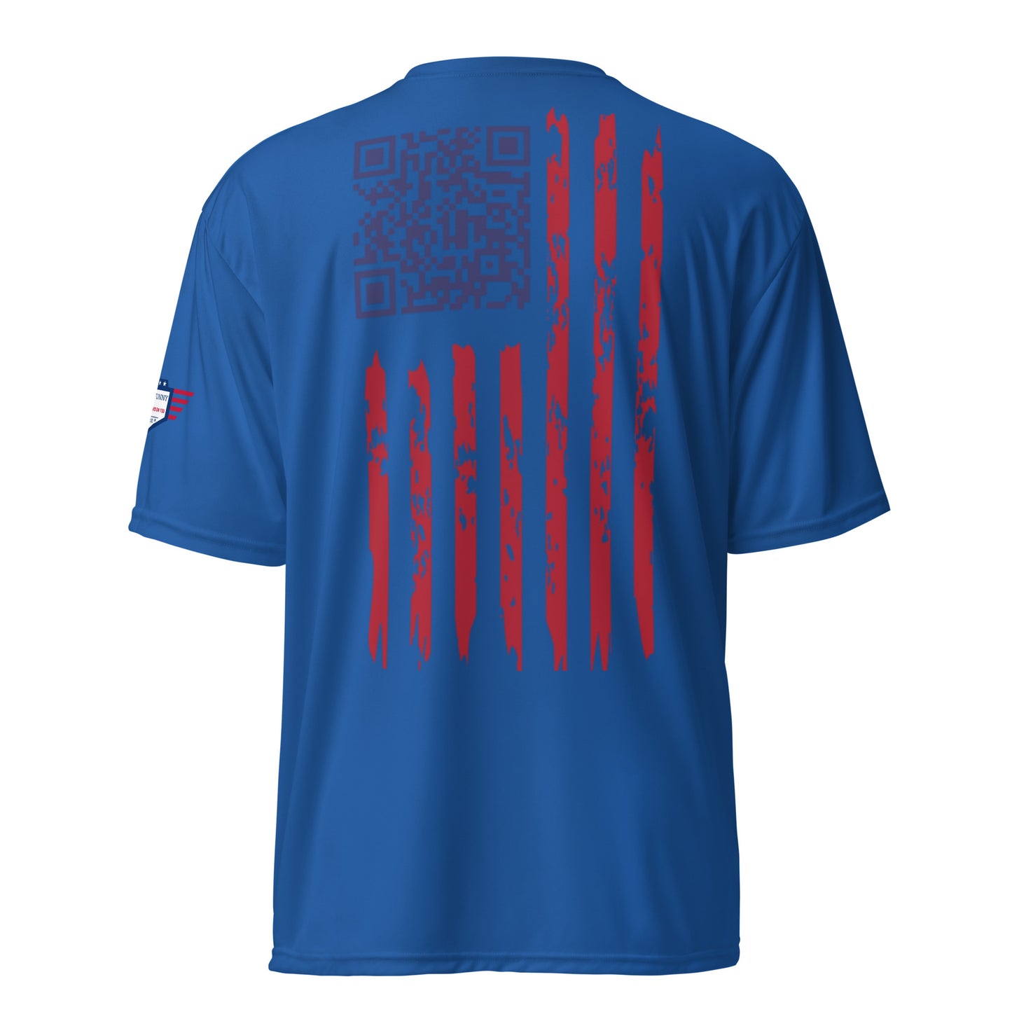 Back view of royal blue performance shirt with QR code and faded flag stripe design