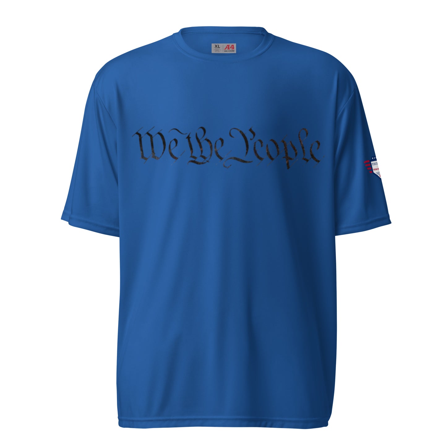Front view of royal blue performance crew t-shirt with black "We the People" cursive print and flag sleeve