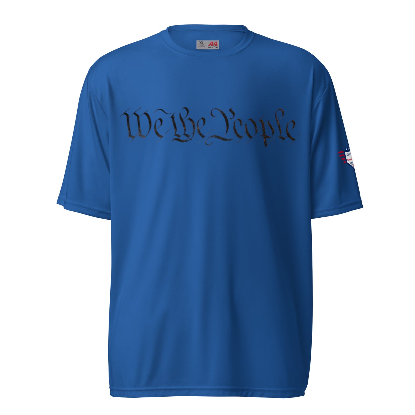 Front view of royal blue tee rocking "We The People" script over flag sleeve patch