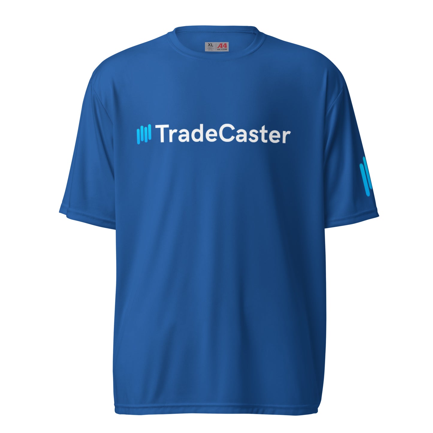 Front view of royal blue TradeCaster performance crew tee with cyan bars and logo