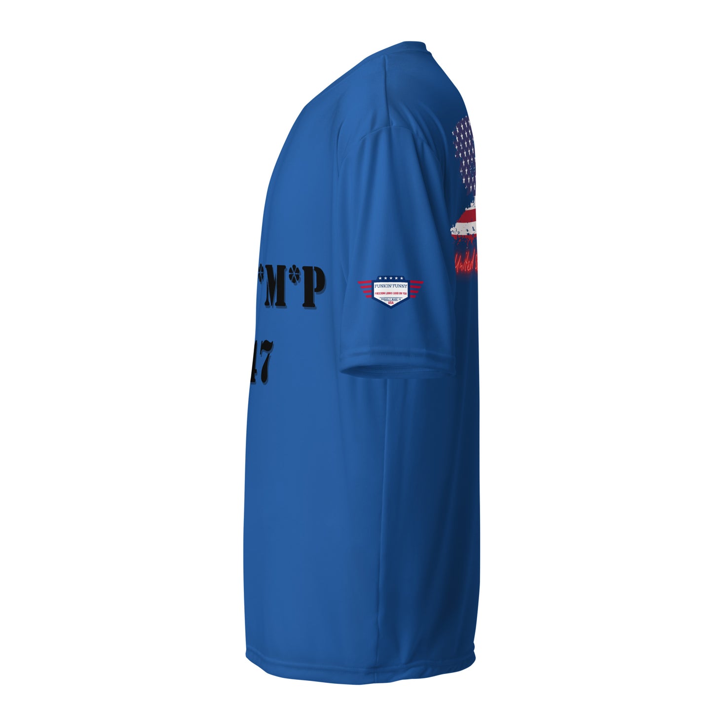 Right side view of royal blue performance crew tee showing partial black stencil "T*R*U*M*P 4547" and flag sleeve patch