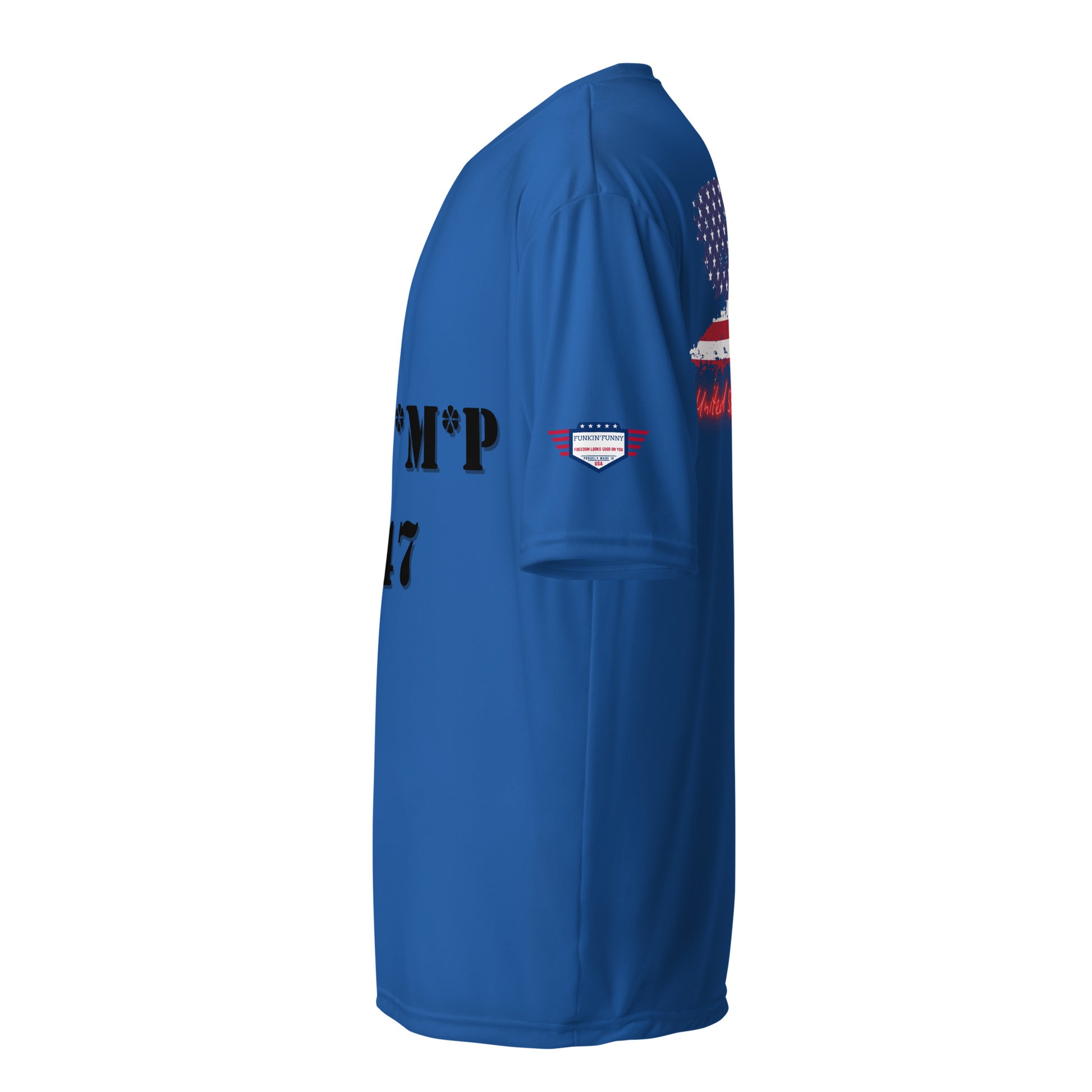 Right side view of royal blue performance crew tee showing partial black stencil "T*R*U*M*P 4547" and flag sleeve patch
